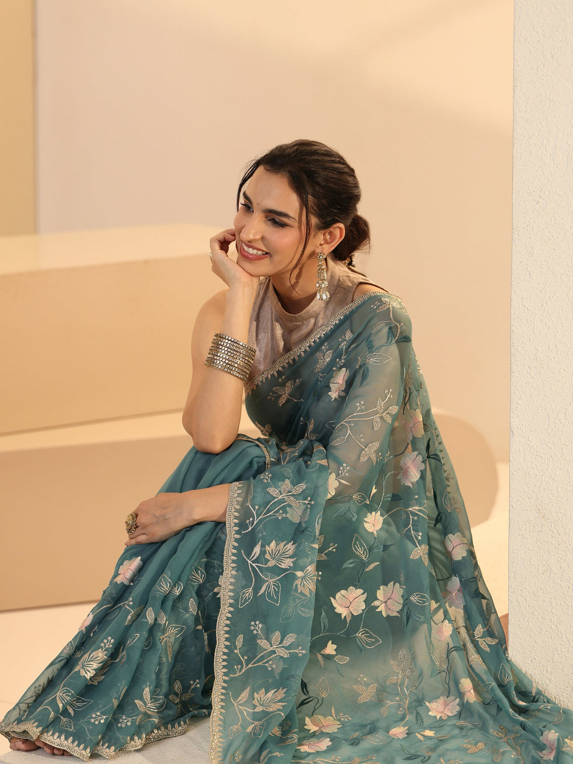 Mameraa Dusty Blue Floral Embroidered Chiffon Saree