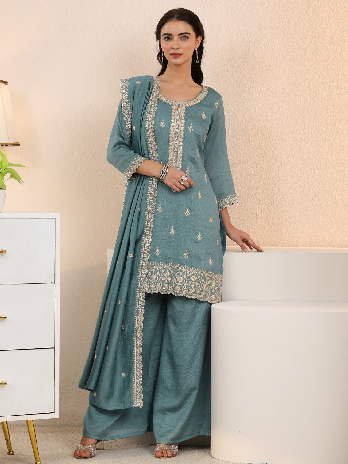 Mameraa Dusty Blue Floral Embroidered Silk Blend Palazzo Suit Set