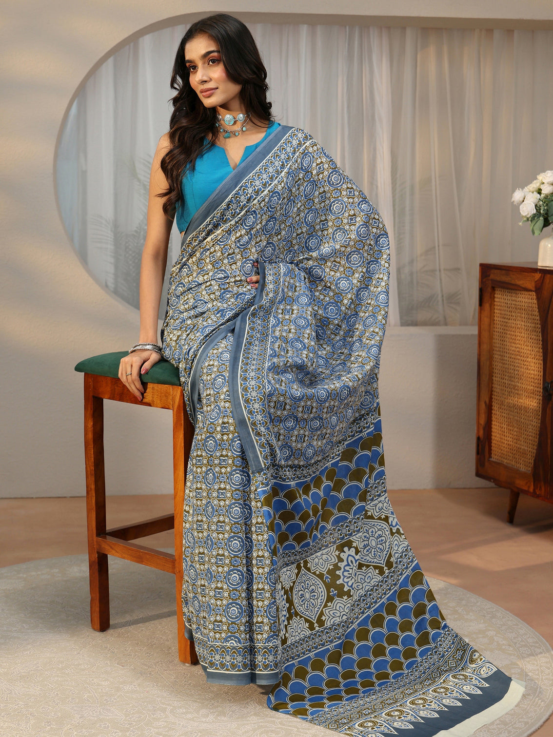 Mameraa Dusty Blue Floral Printed Cotton Saree
