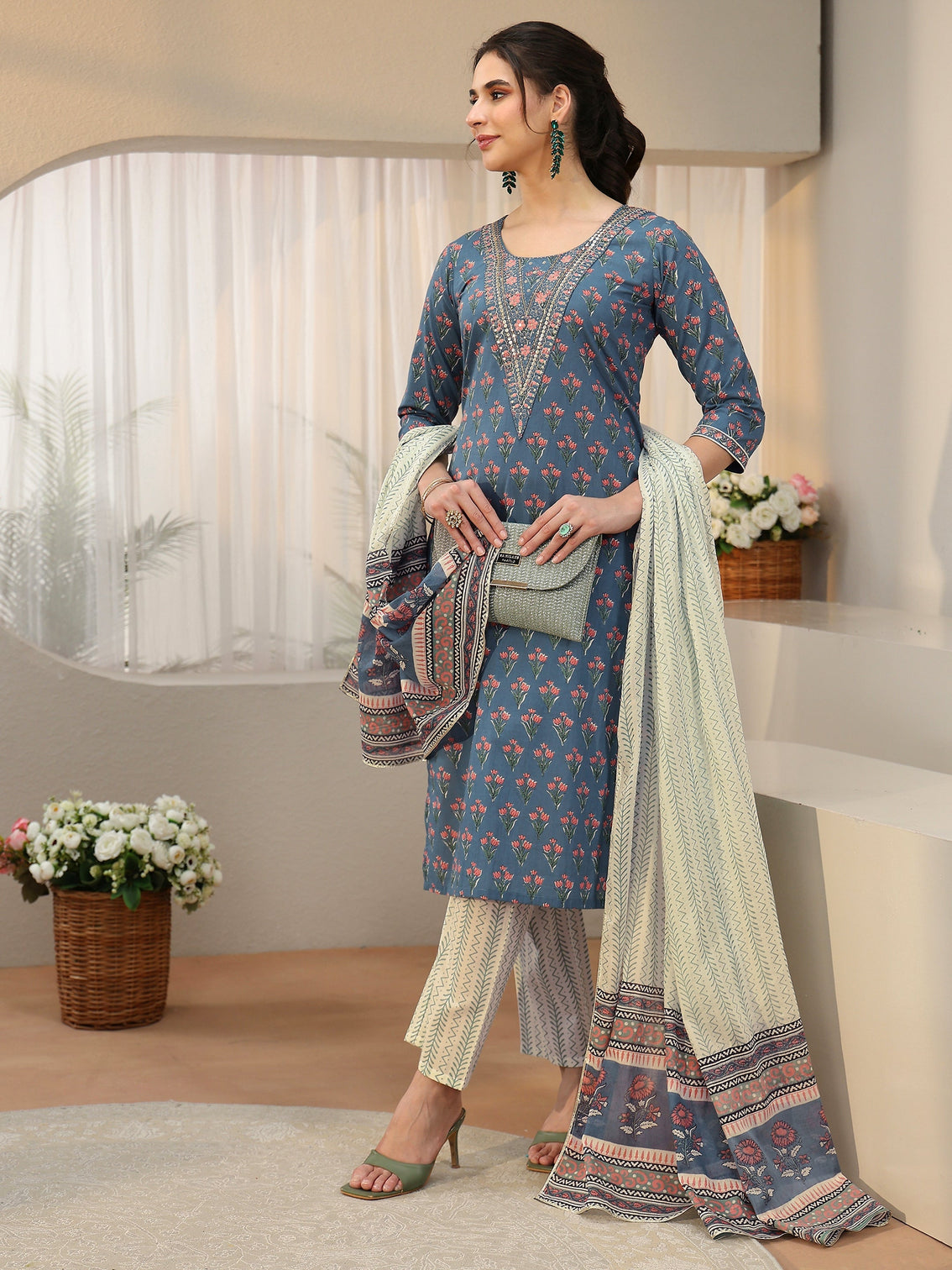 Mameraa Dusty Blue Floral Printed Cotton Straight Suit Set