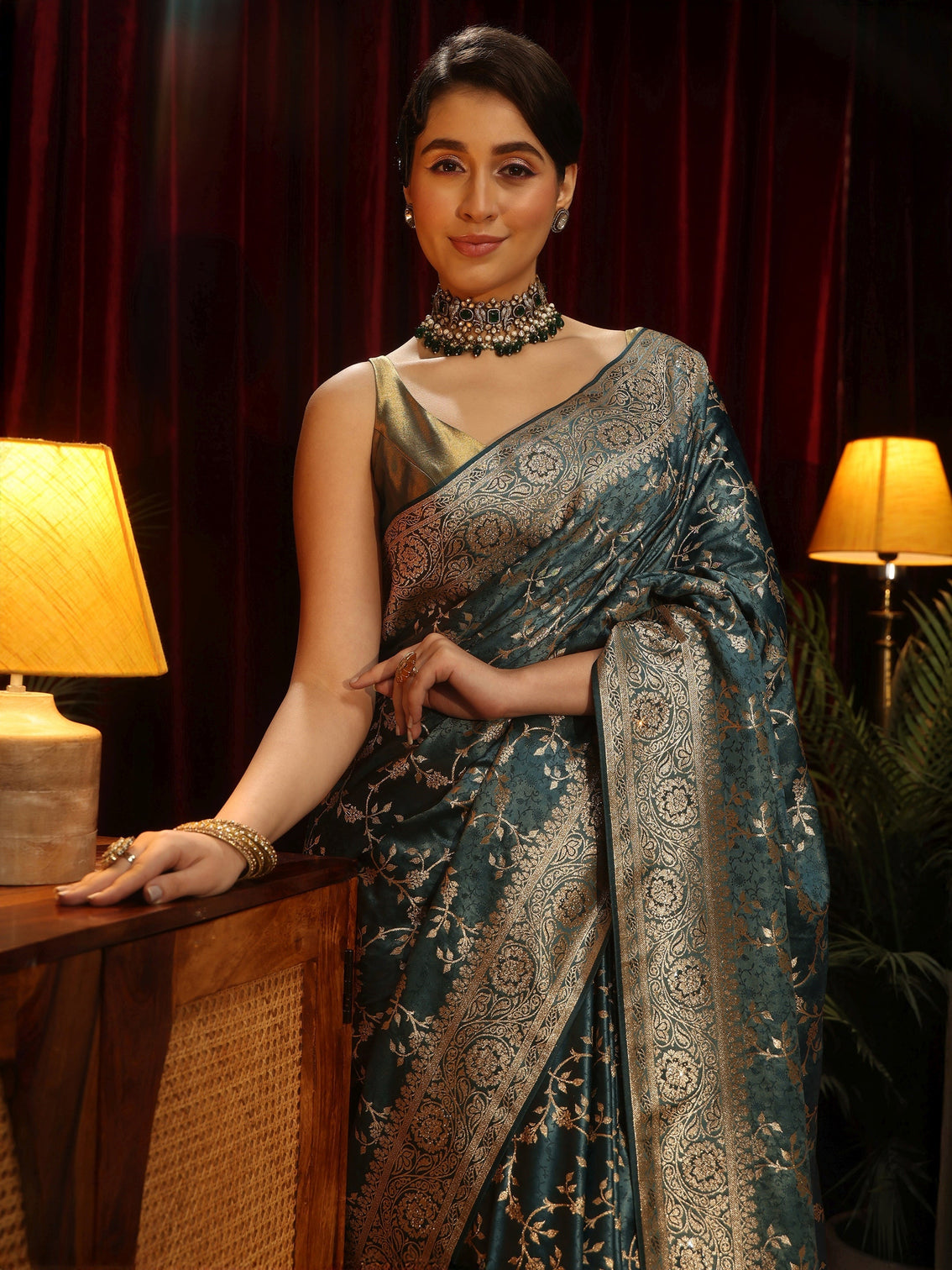Mameraa Dusty Blue Floral Woven Design Embellished Satin Saree