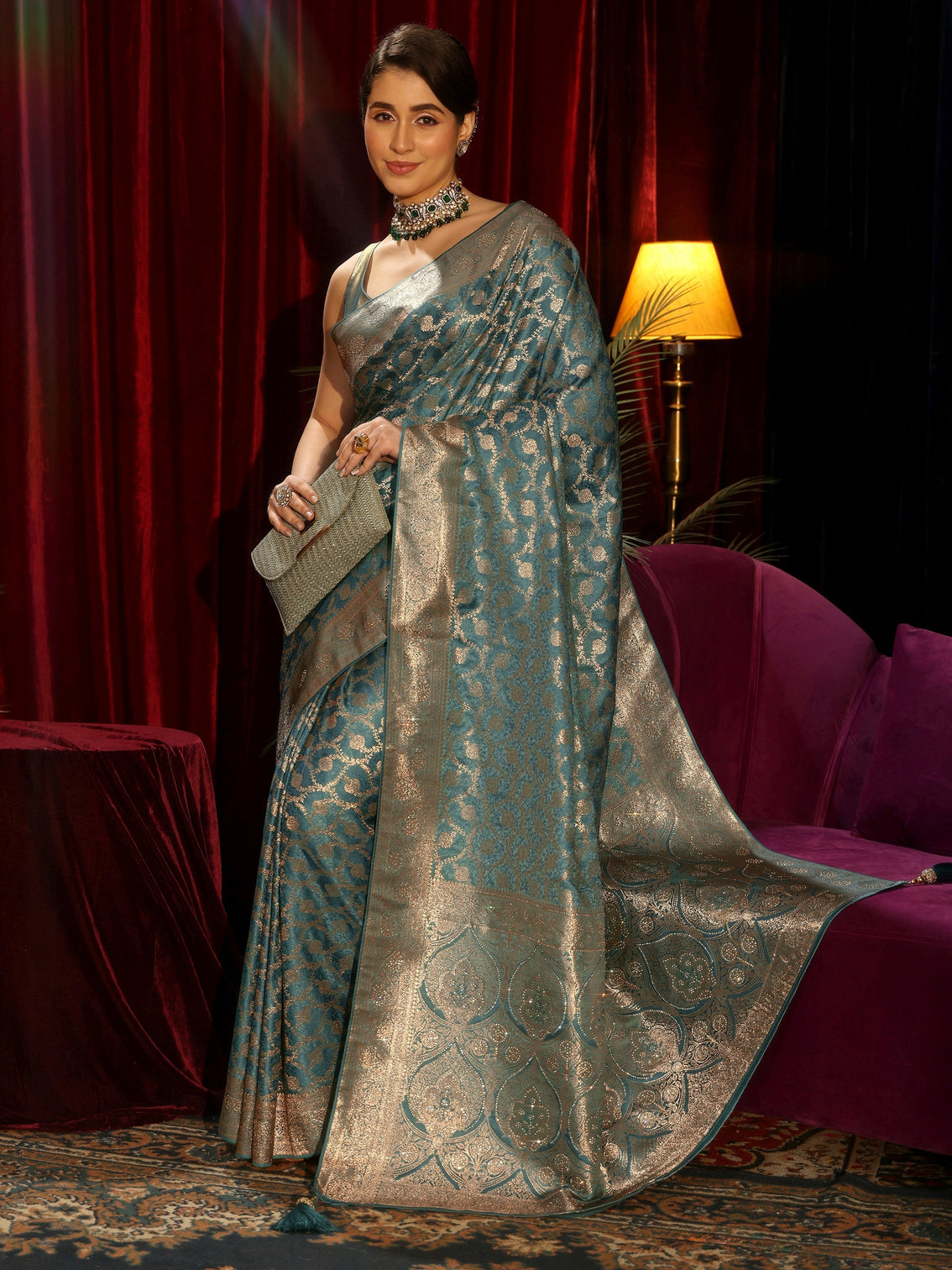 Mameraa Dusty Blue Floral Woven Design Embellished Satin Saree