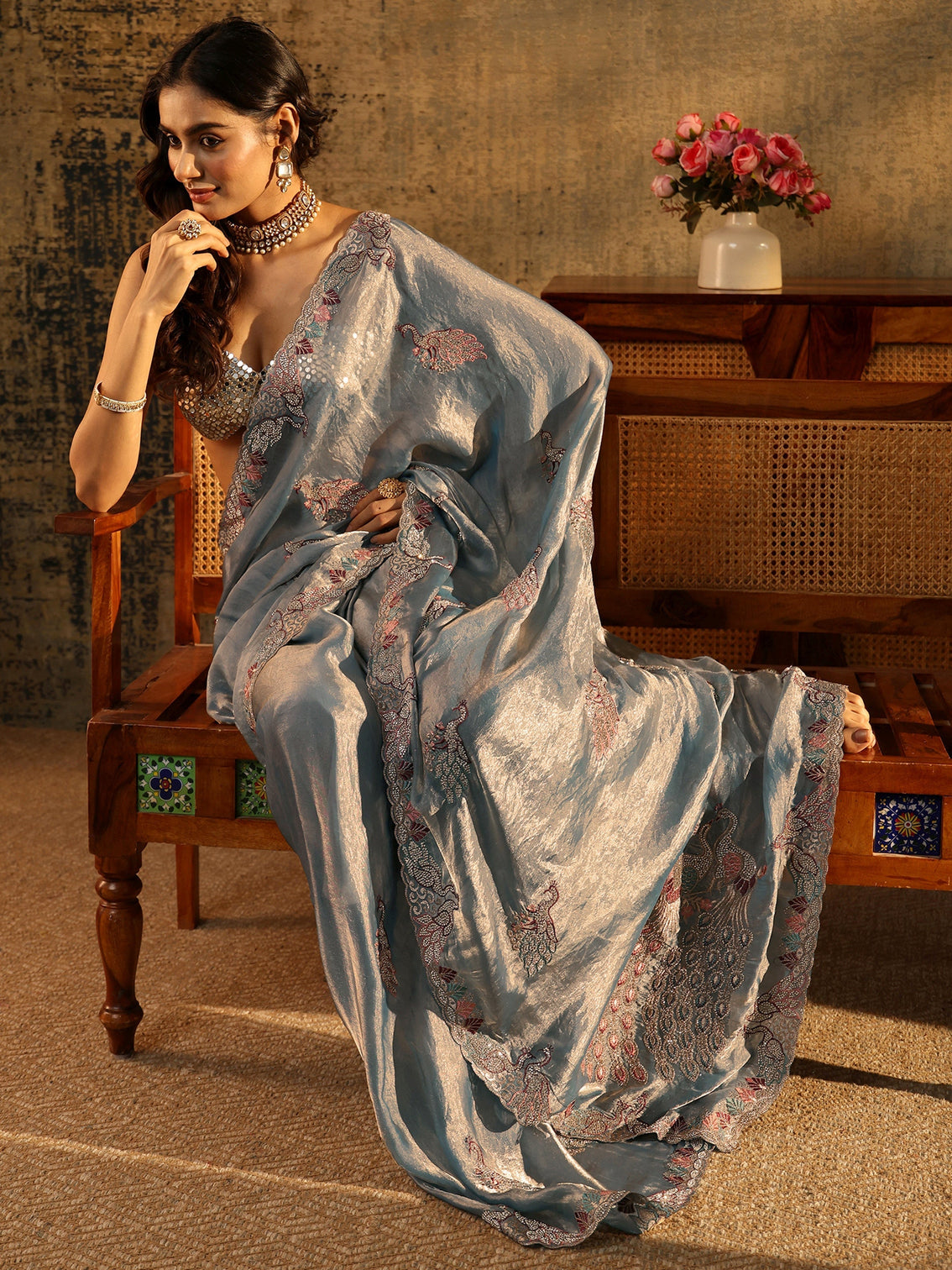 Mameraa Dusty Blue Peacock Embellished Tissue Saree