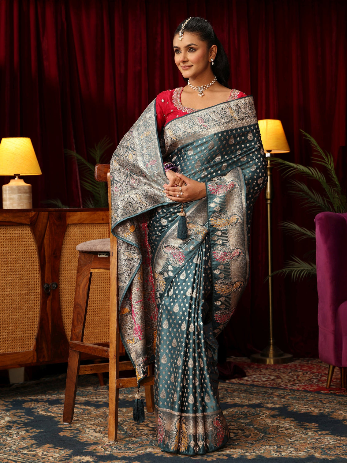 Mameraa Dusty Blue Woven Design Silk Blend Saree with Stone Work