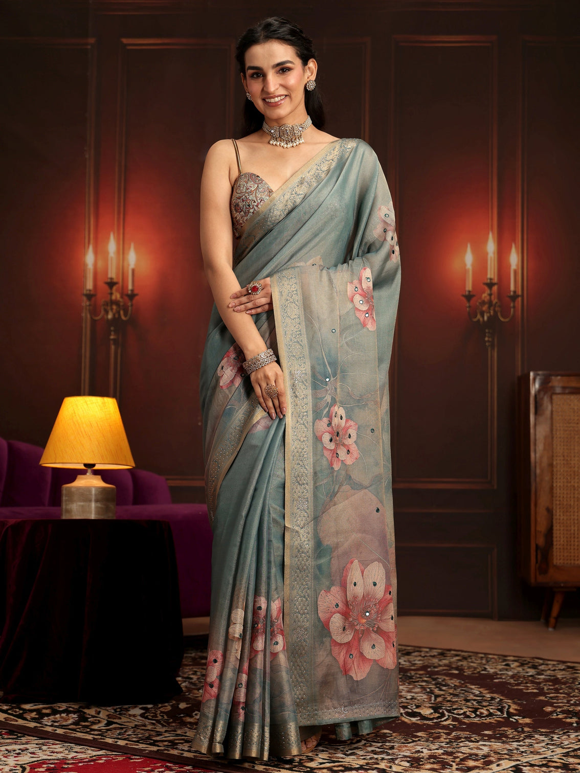 Mameraa Dusty Green Floral Printed Silk Blend Saree