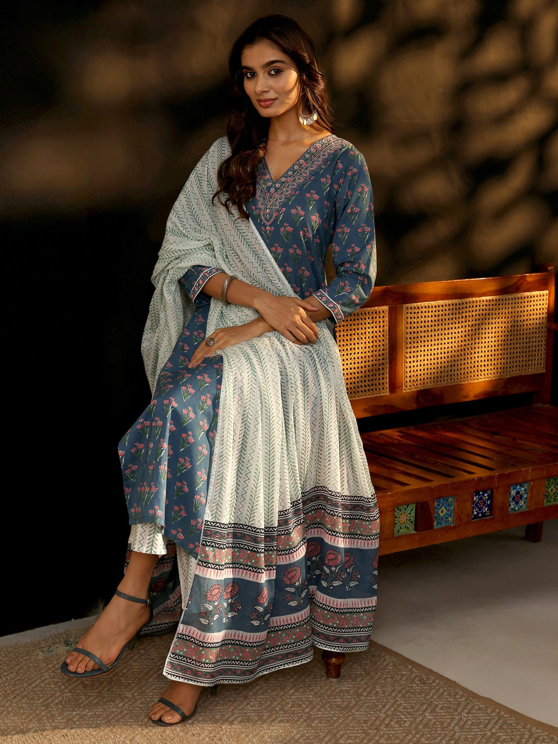 Mameraa Dusty Indigo Floral Printed Cotton Straight Suit Set