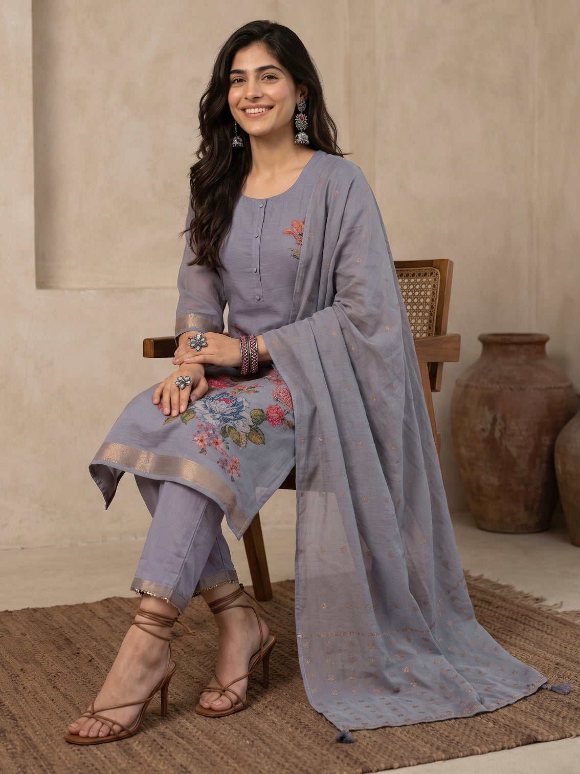 Mameraa Dusty Lavender Floral Printed Silk Blend Straight Suit Set