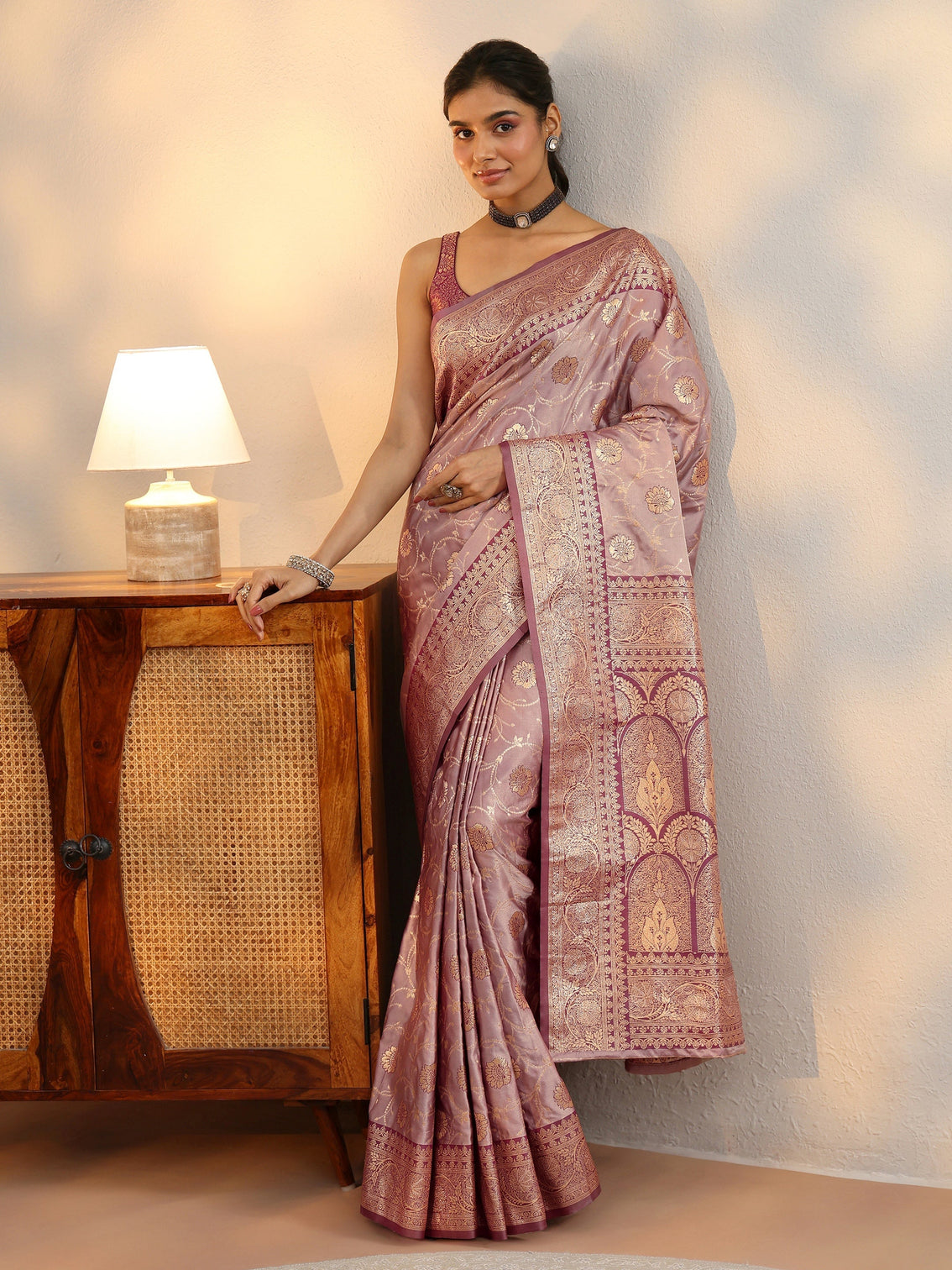 Mameraa Dusty Lilac Banarasi Satin Saree