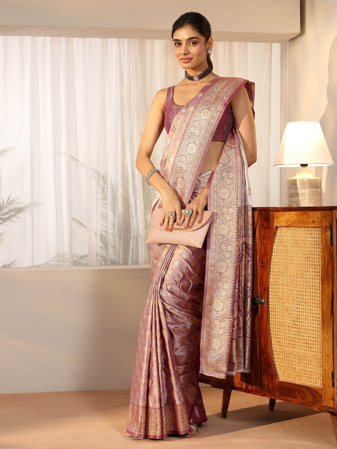 Mameraa Dusty Lilac Banarasi Satin Saree