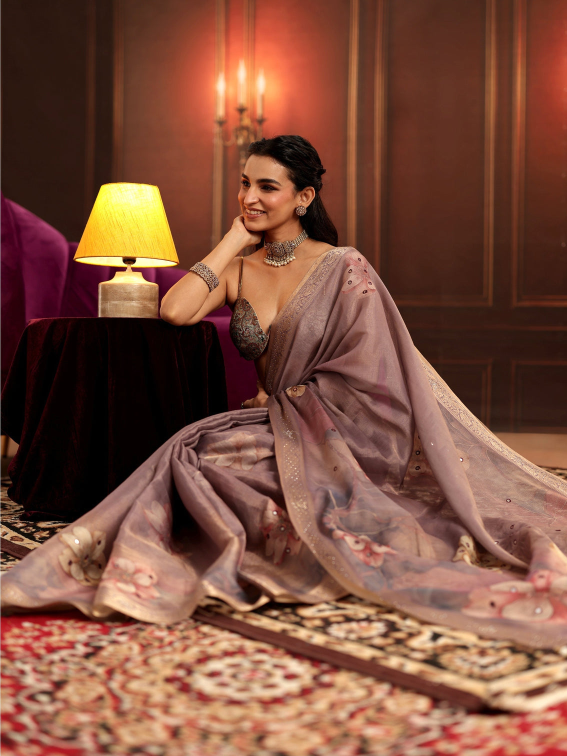 Mameraa Dusty Lilac Floral Printed Silk Blend Saree
