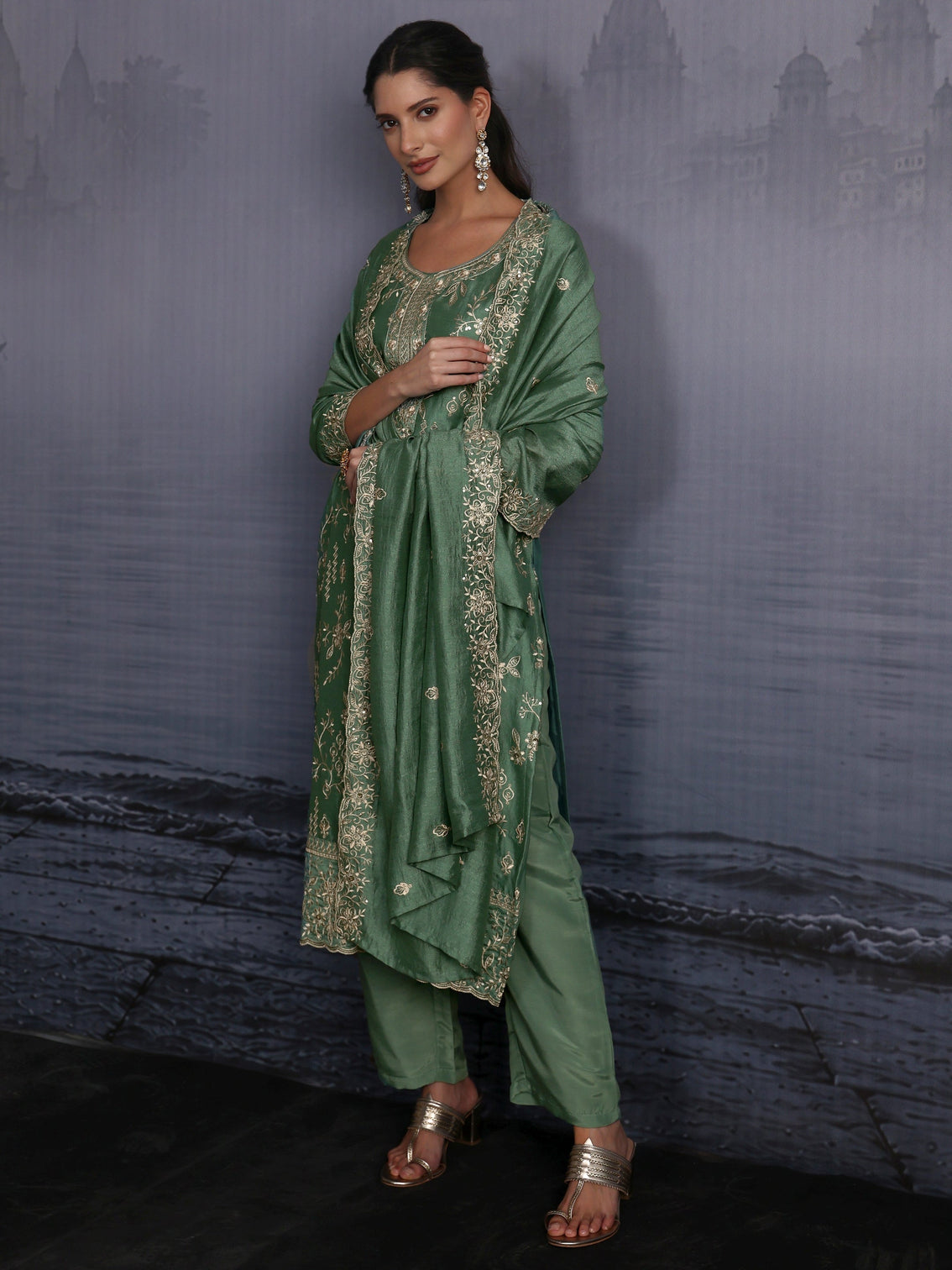 Mameraa Dusty Mint Green Floral Embroidered Silk Blend Straight Suit Set