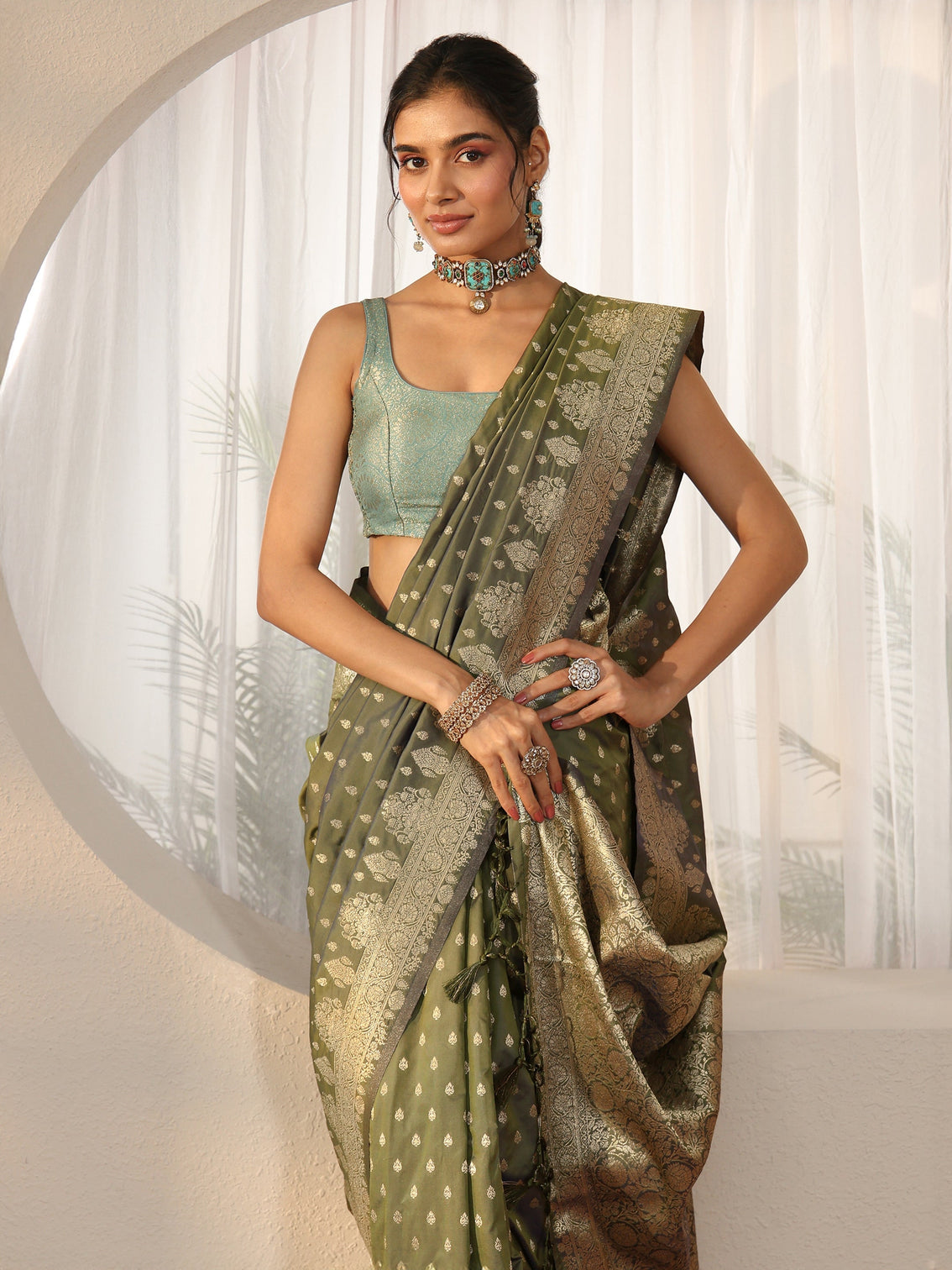 Mameraa Dusty Olive Green Banarasi Silk Blend Saree