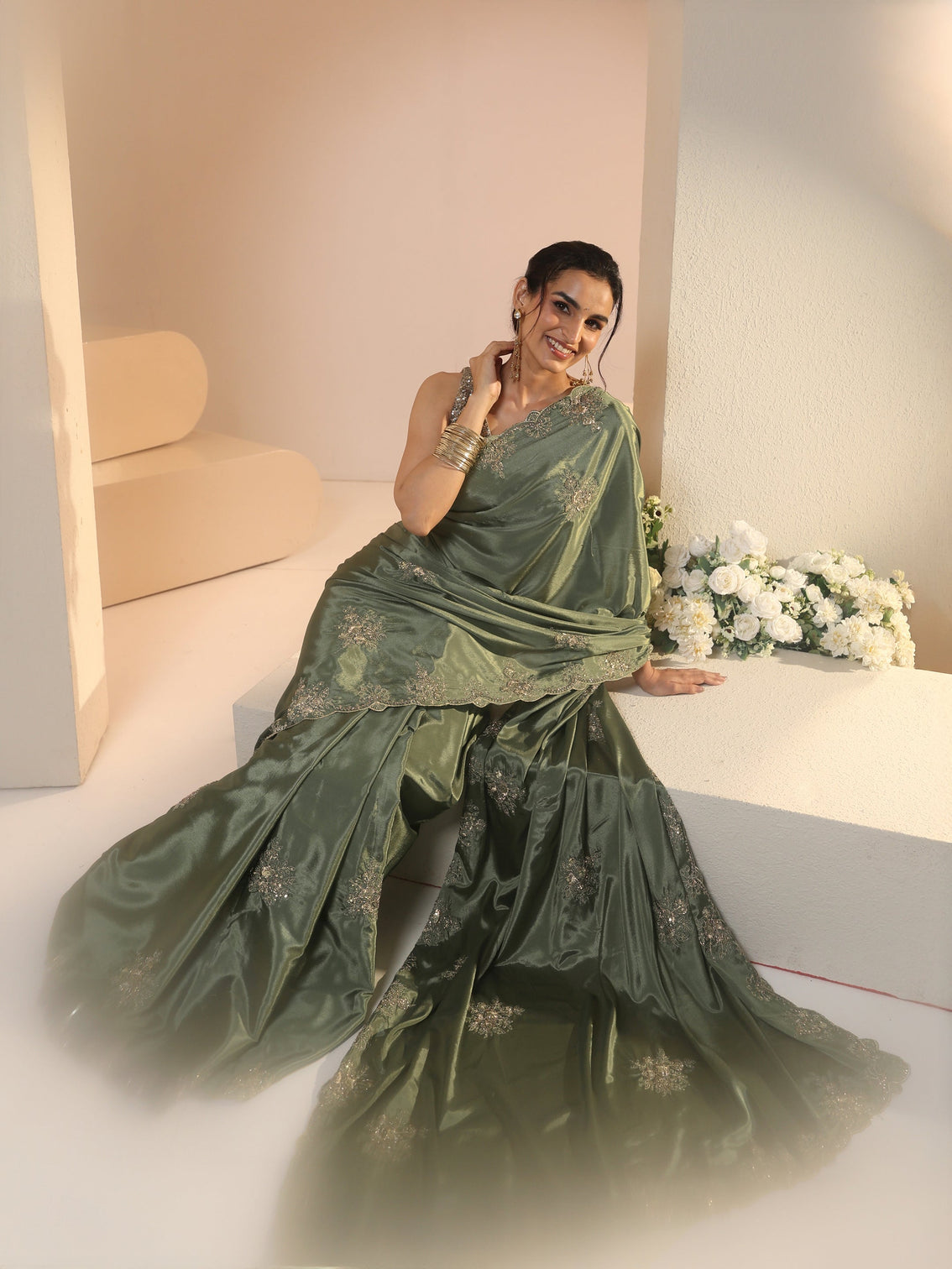 Mameraa Dusty Olive Green Floral Embroidered Silk Blend Saree