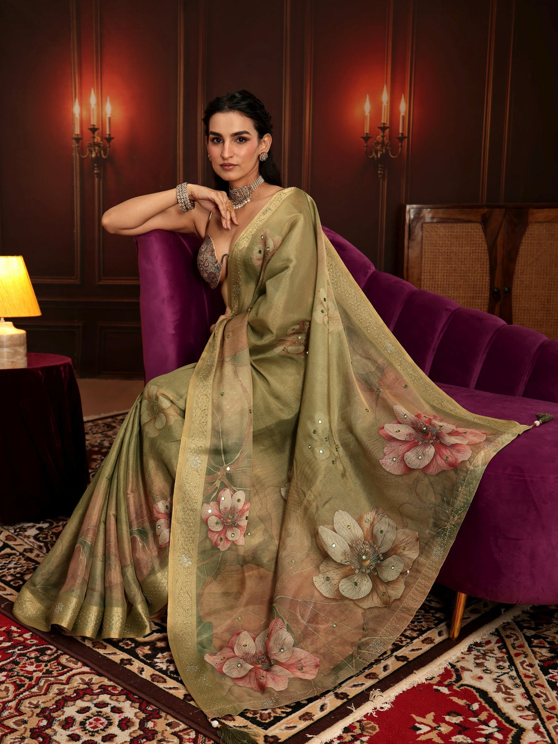 Mameraa Dusty Olive Green Floral Printed Silk Blend Saree