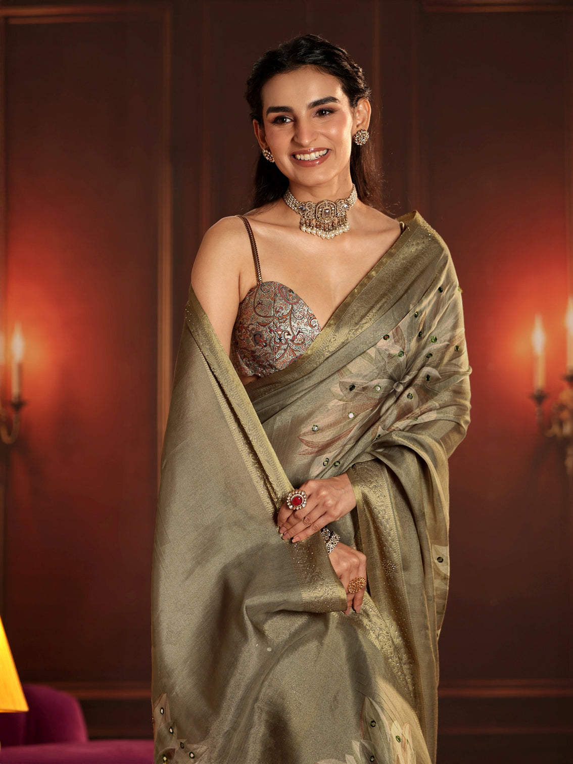 Mameraa Dusty Olive Green Floral Printed Silk Blend Saree