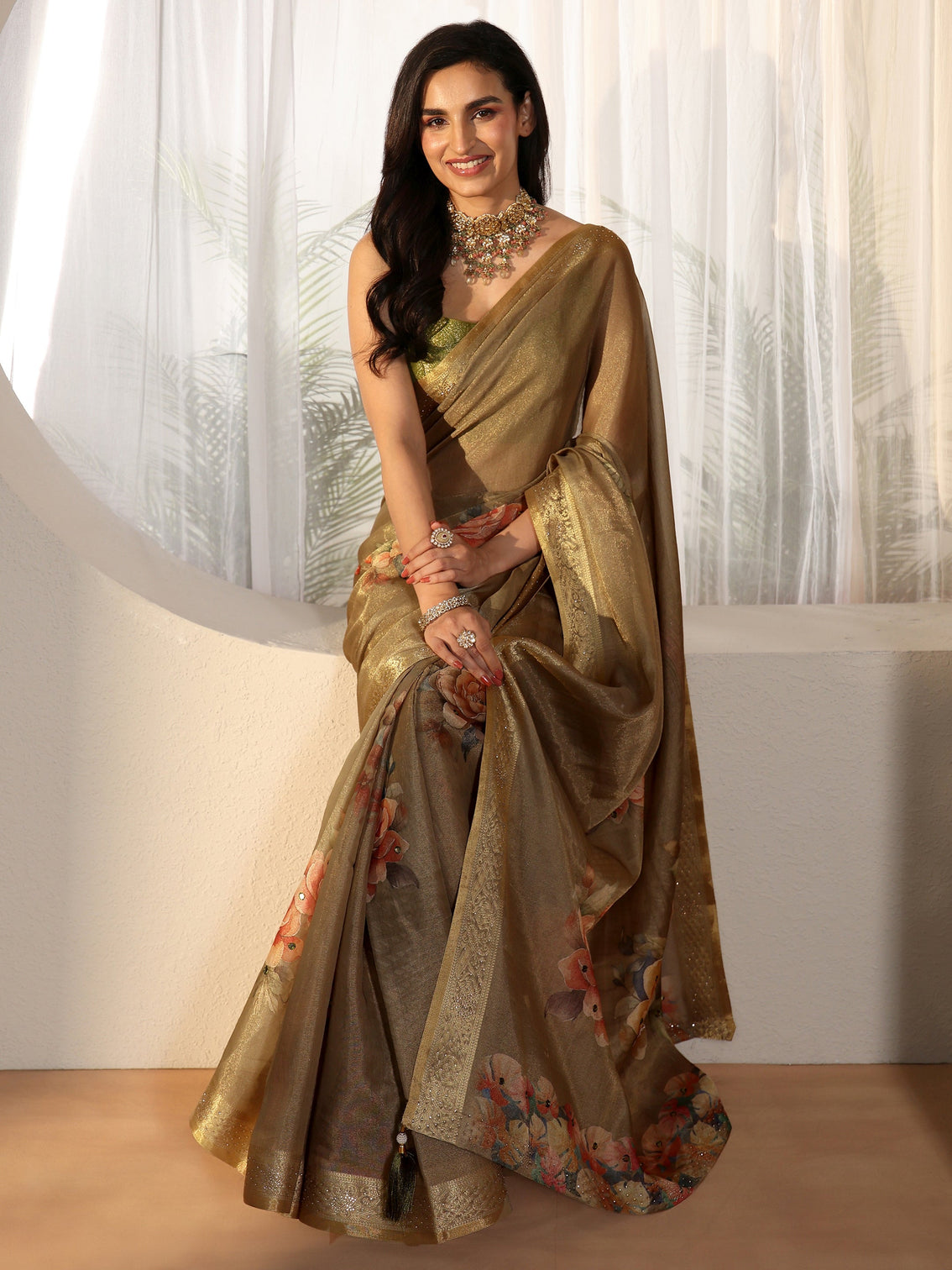 Mameraa Dusty Olive Green Floral Printed Silk Blend Saree with Woven Border