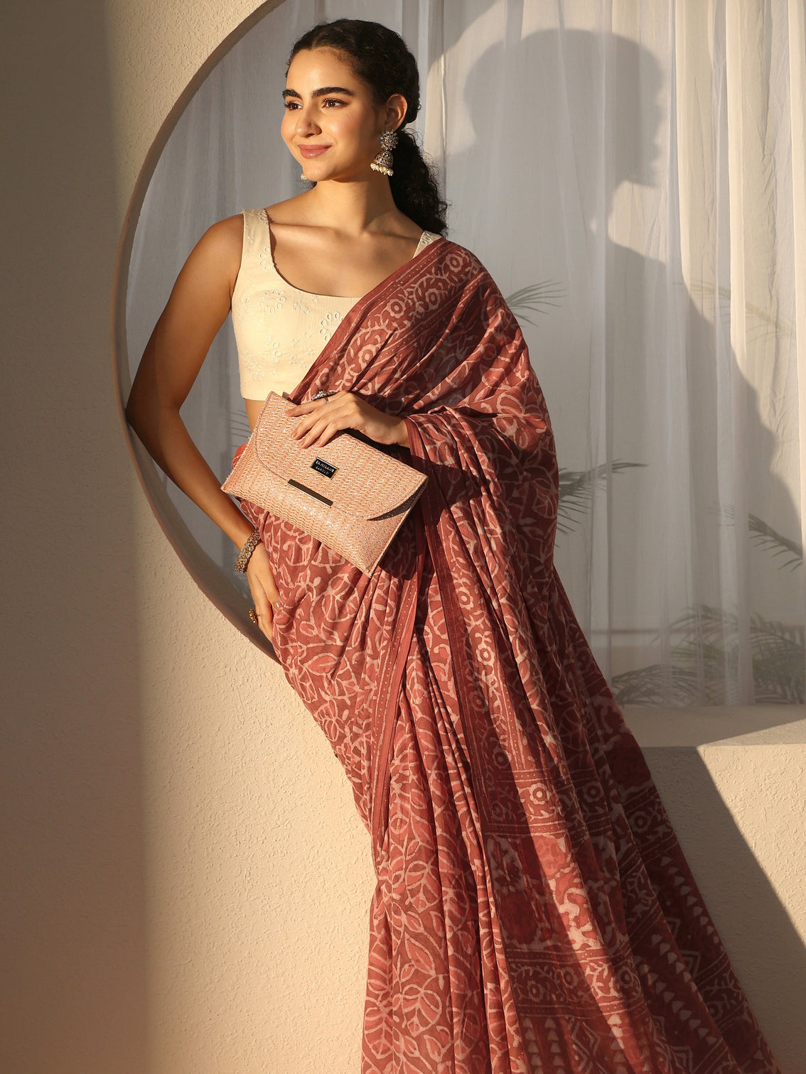 Mameraa Dusty Pink Batik Printed Cotton Saree