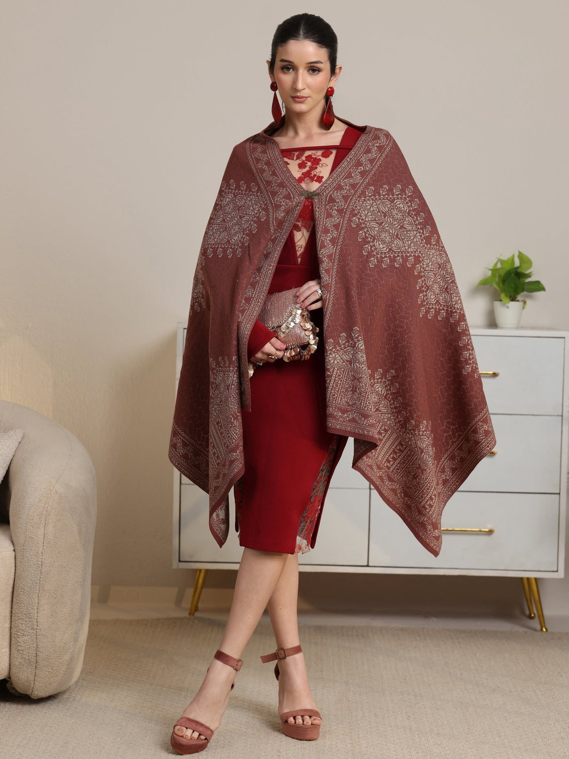 Mameraa Dusty Pink Ethnic Knitted Acrylic Wrap Shawl
