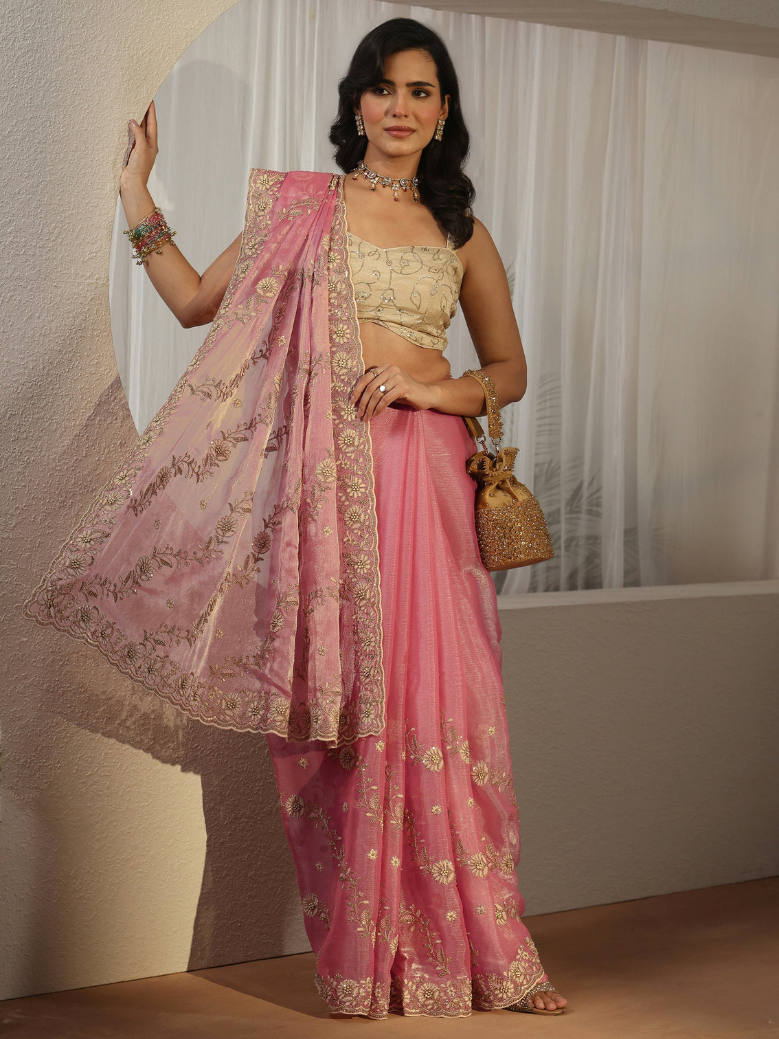 Mameraa Dusty Pink Floral Embroidered Tissue Saree