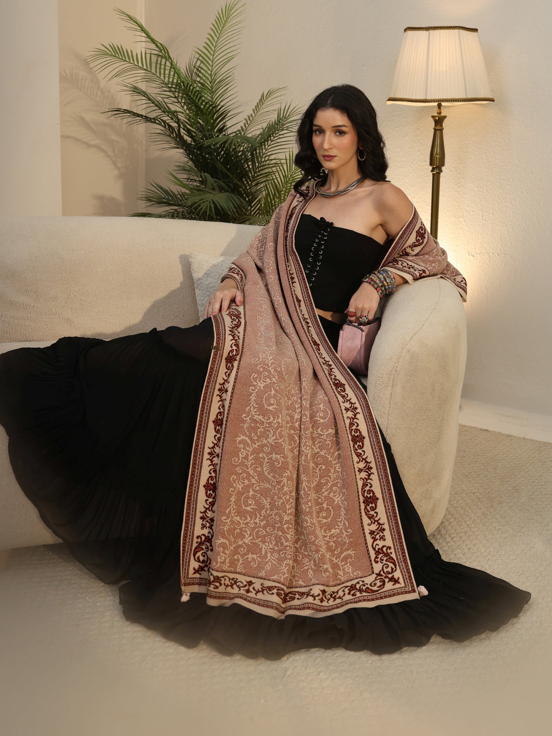 Mameraa Dusty Pink Floral Knitted Acrylic Wrap Shawl