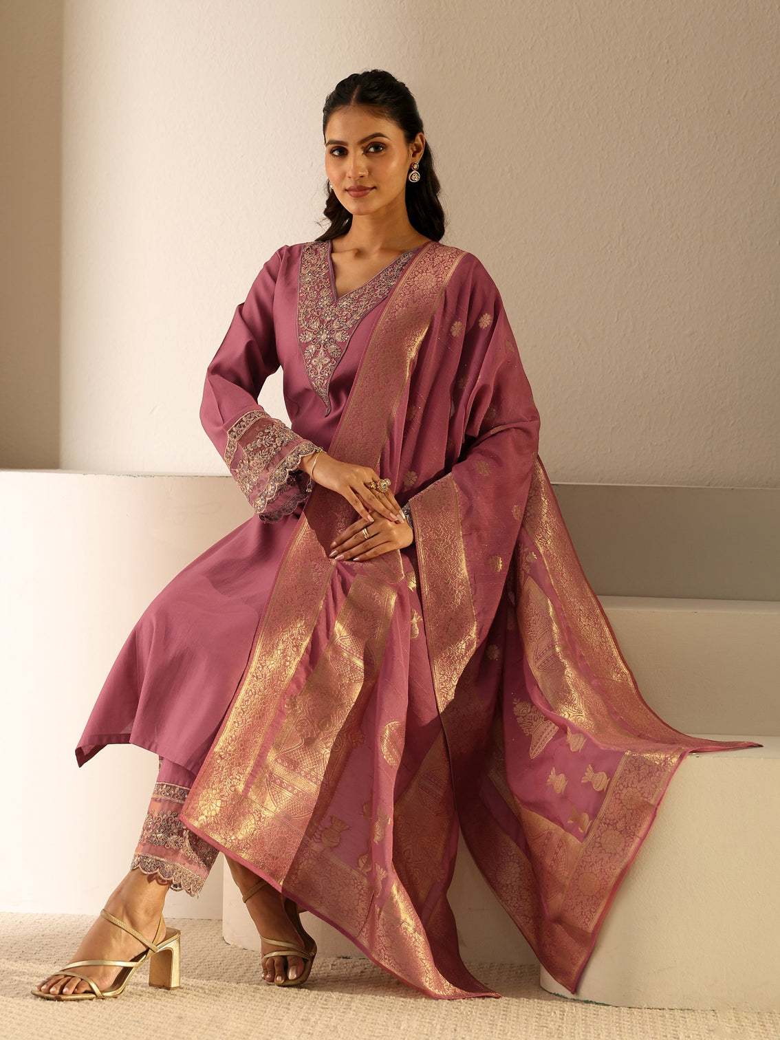 Mameraa Dusty Pink Floral Yoke Silk Blend Straight Suit Set