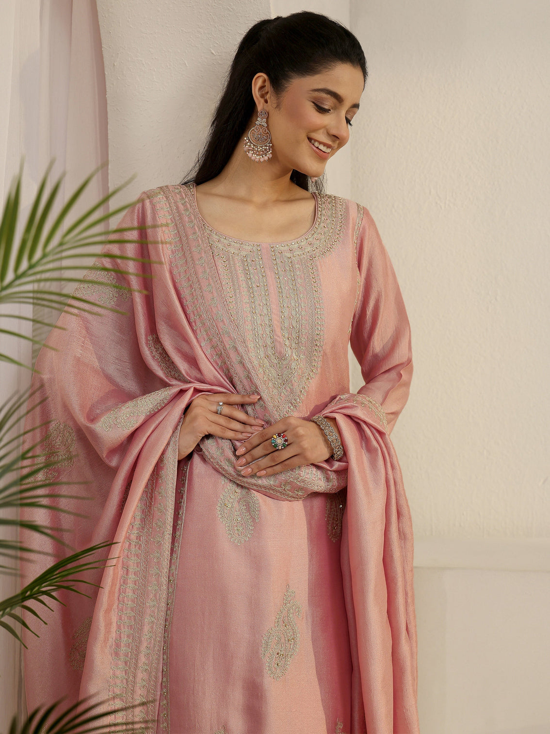 Mameraa Dusty Pink Paisley Embellished Silk Blend Straight Suit Set