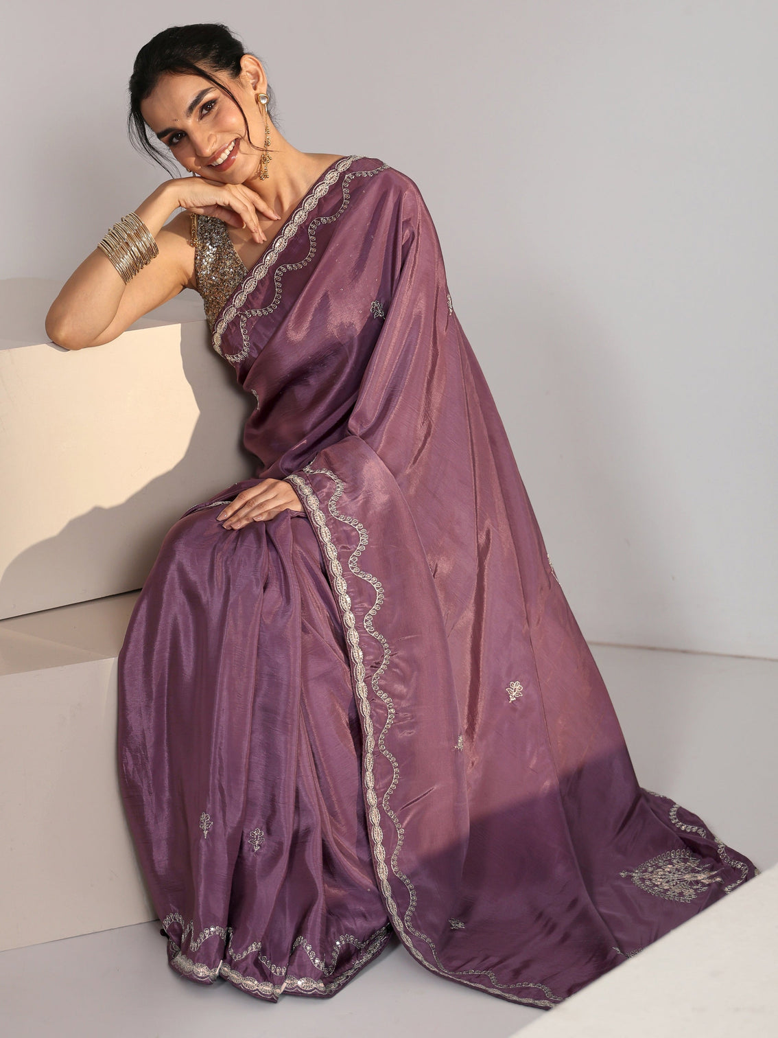 Mameraa Dusty Plum Purple Embroidered Silk Blend Saree