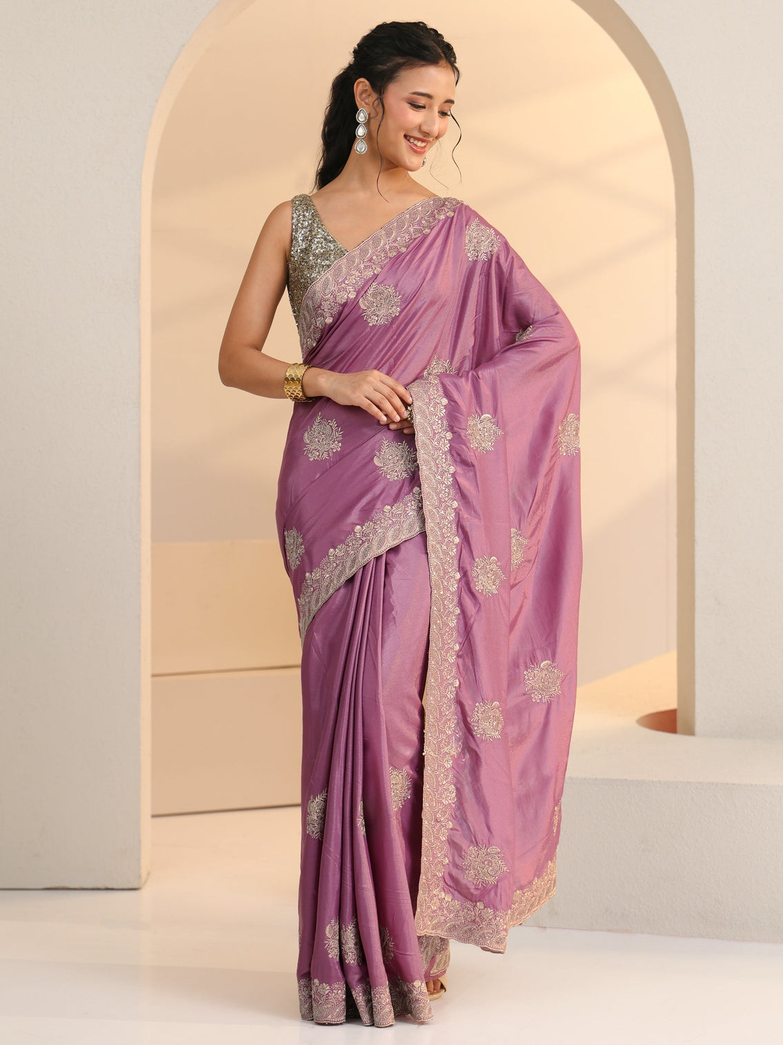 Mameraa Dusty Purple Floral Embroidered Silk Blend Saree