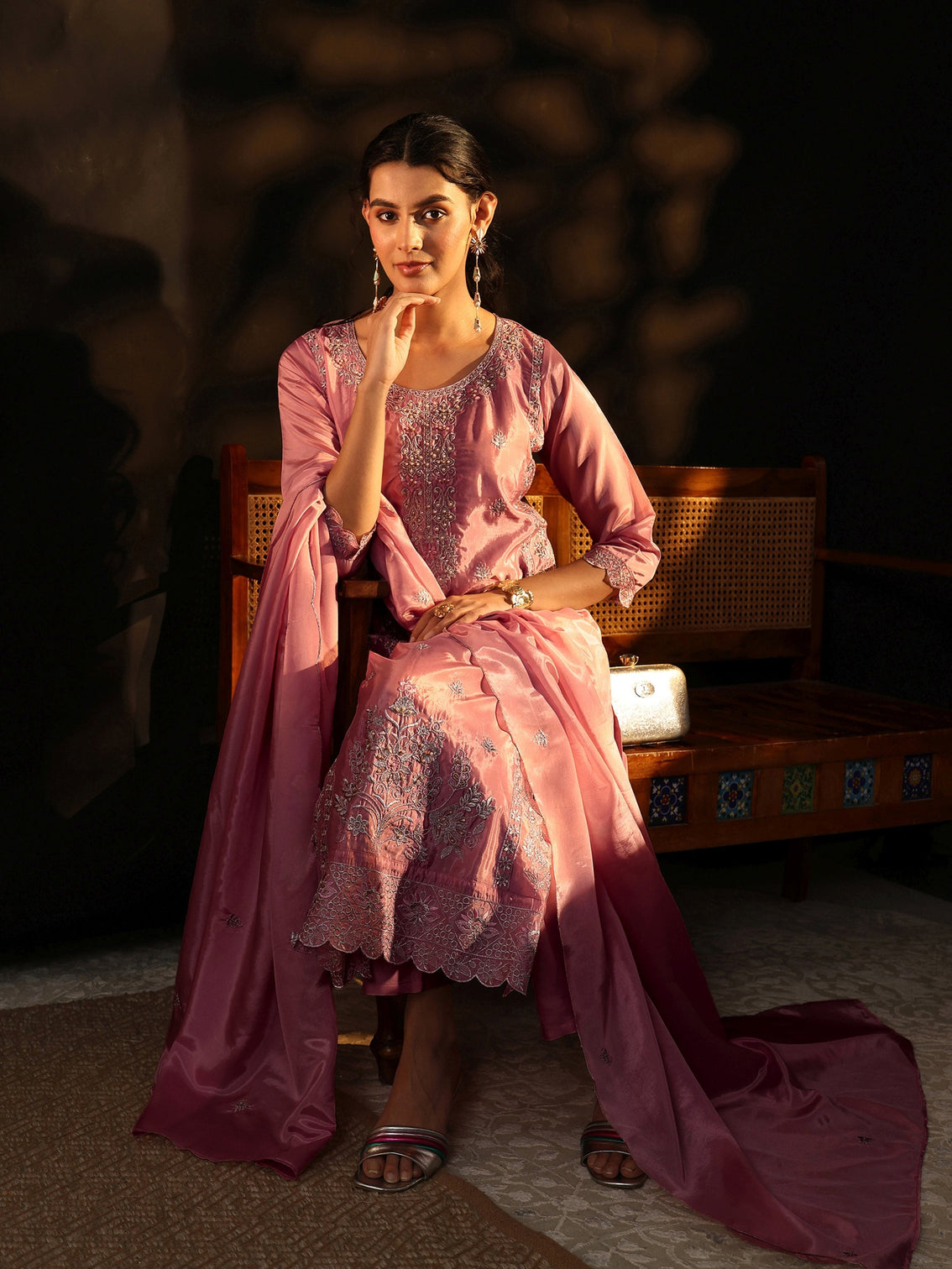 Mameraa Dusty Rose Floral Embroidered Organza Straight Suit Set