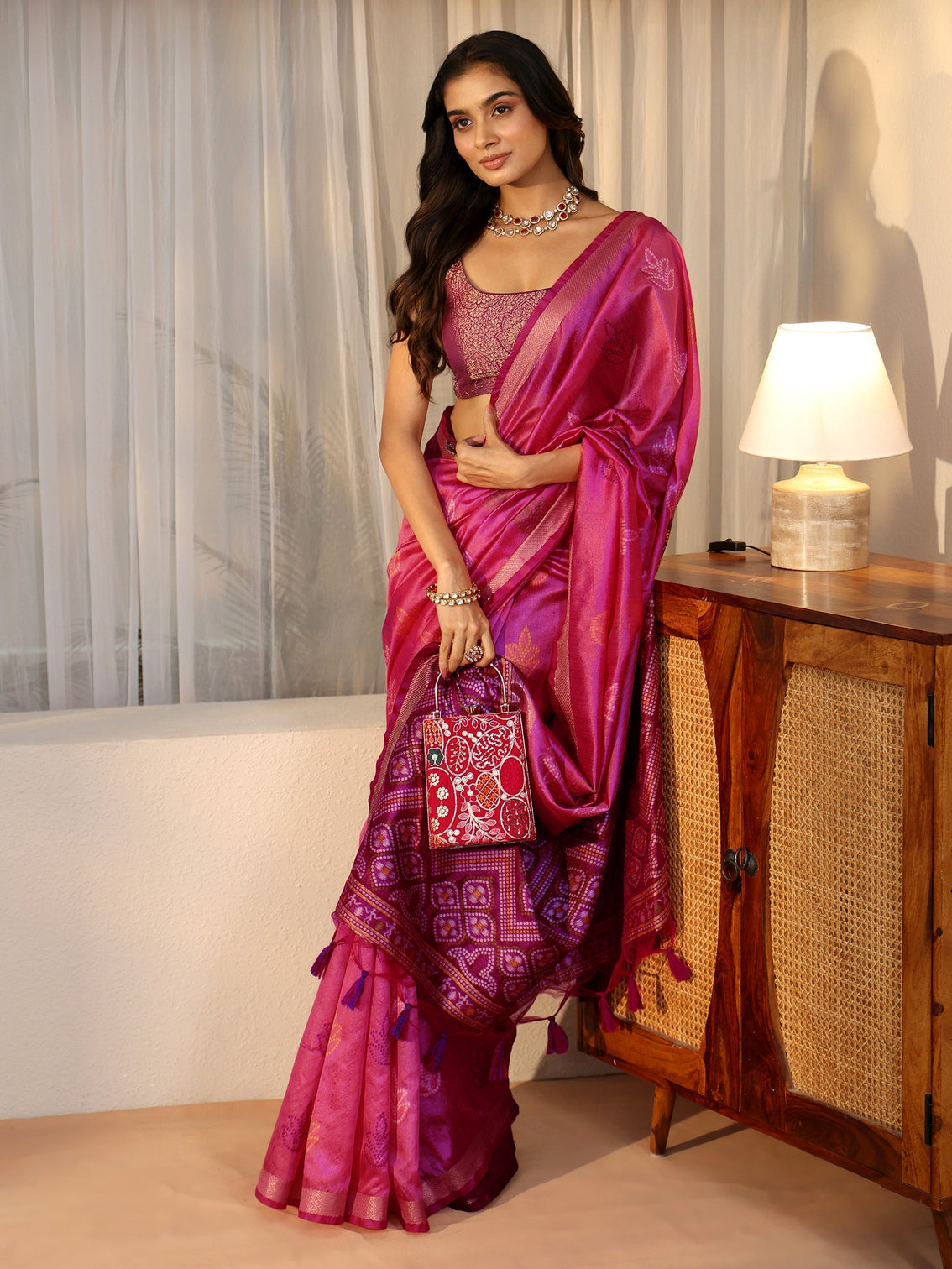 Mameraa Dusty Rose Pink Bandhani Silk Blend Saree