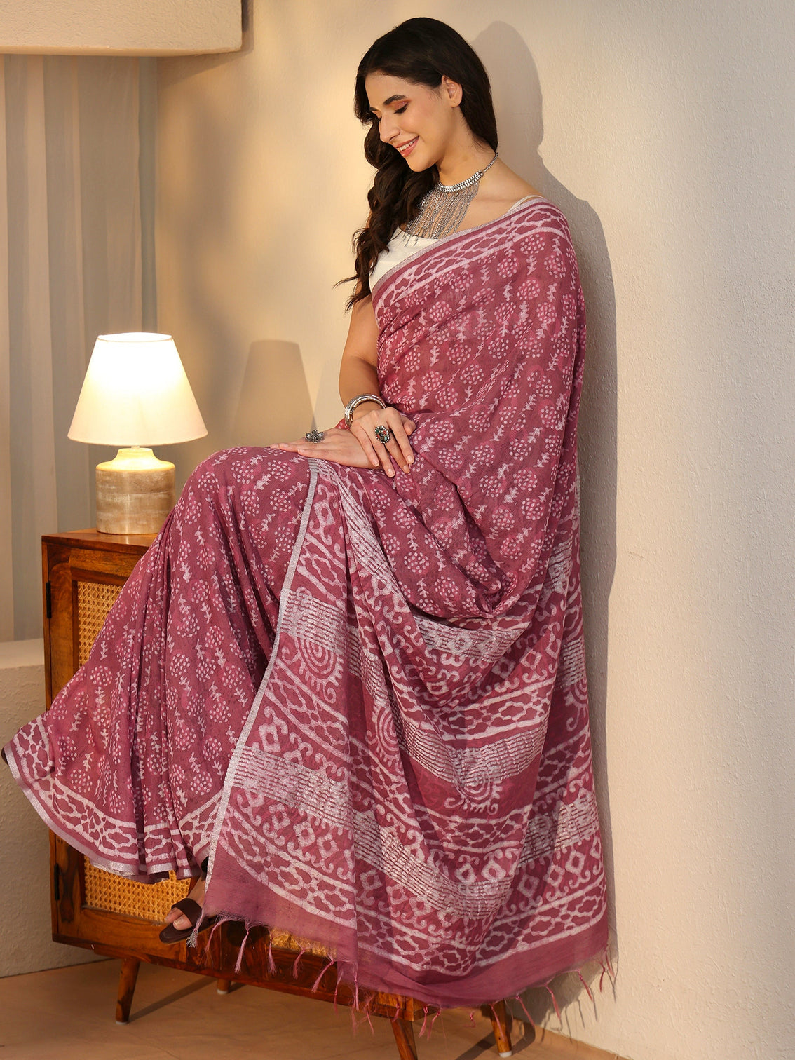Mameraa Dusty Rose Pink Dabu Print Cotton Saree