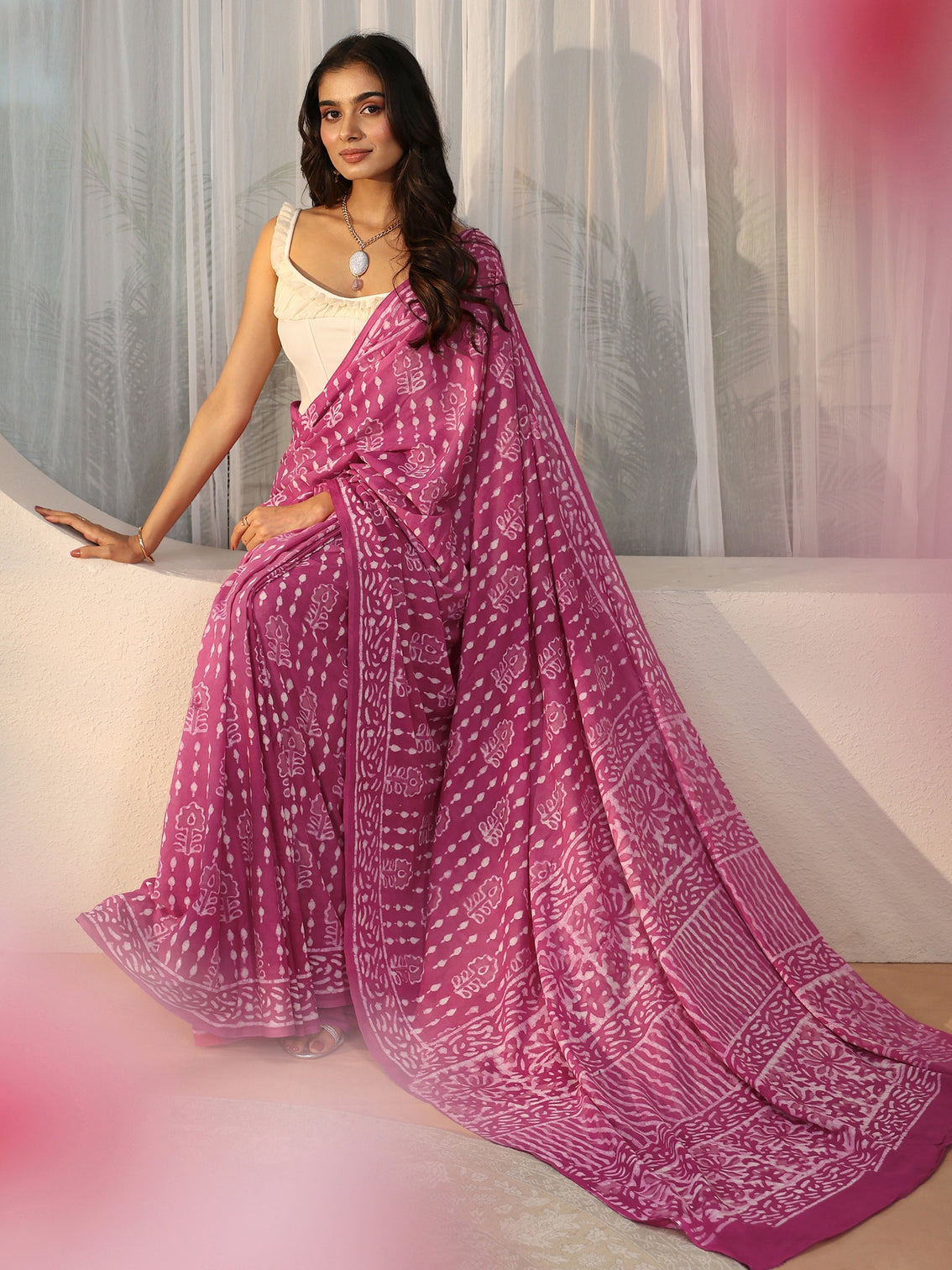 Mameraa Dusty Rose Pink Dabu Print Cotton Saree