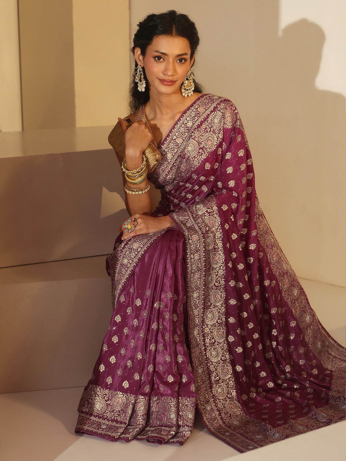 Mameraa Dusty Rose Pink Embroidered Satin Saree