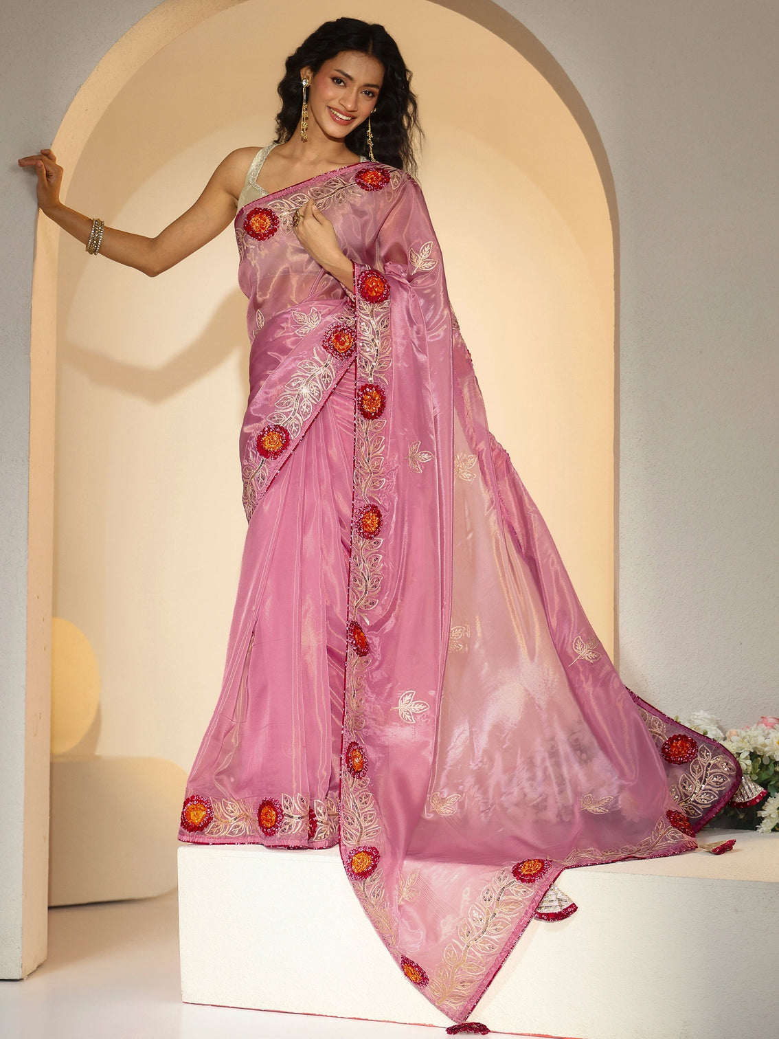 Mameraa Dusty Rose Pink Floral Embellished Tissue Saree