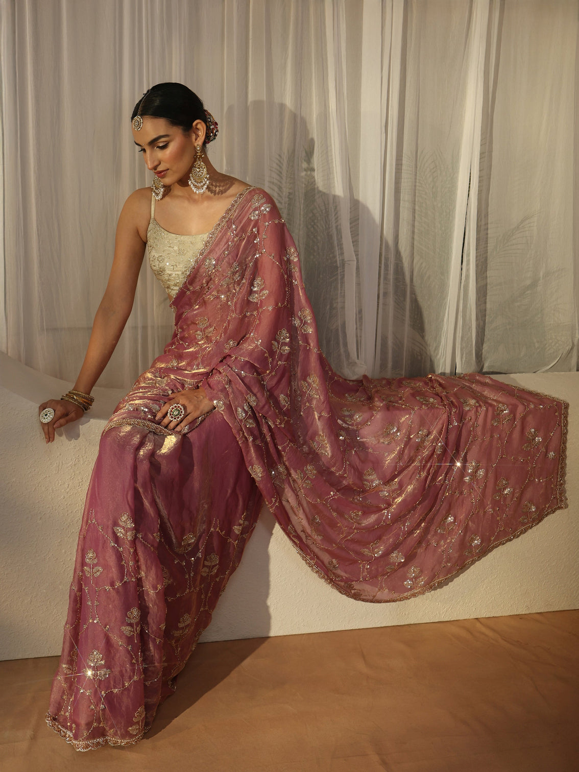 Mameraa Dusty Rose Pink Floral Embellished Tissue Saree