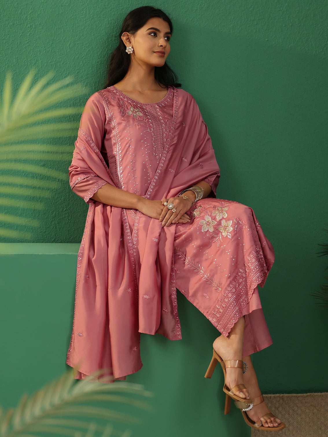 Mameraa Dusty Rose Pink Floral Embroidered Organza Straight Suit Set