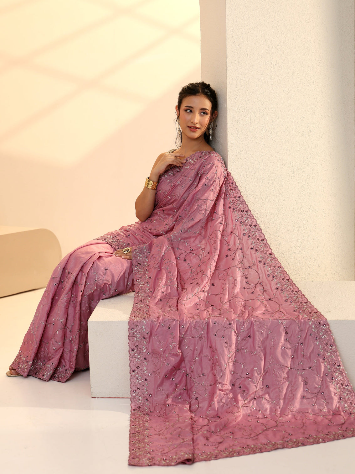 Mameraa Dusty Rose Pink Floral Embroidered Satin Saree
