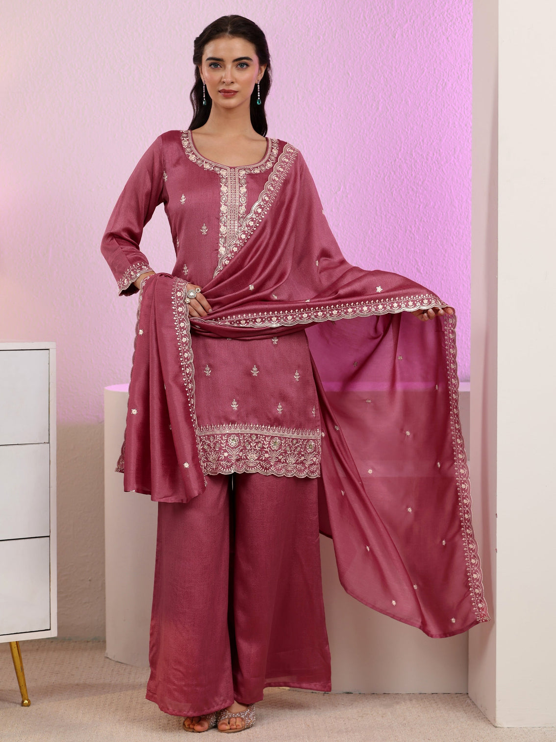 Mameraa Dusty Rose Pink Floral Embroidered Silk Blend Palazzo Suit Set