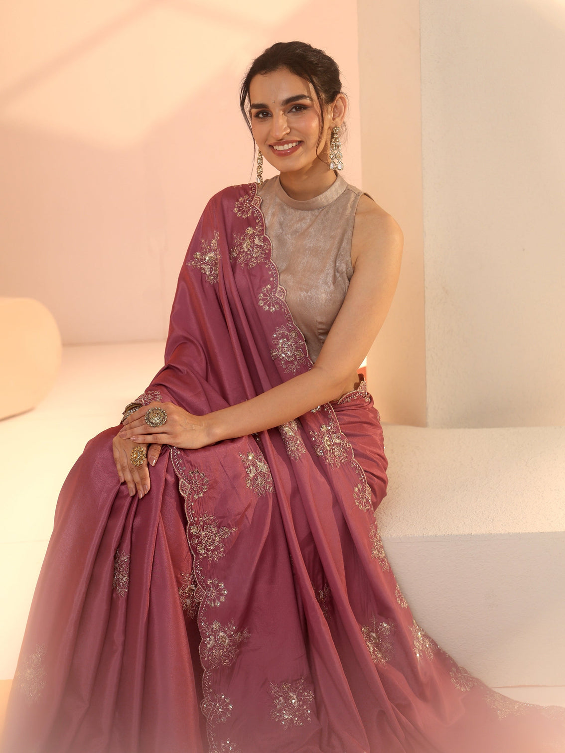 Mameraa Dusty Rose Pink Floral Embroidered Silk Blend Saree