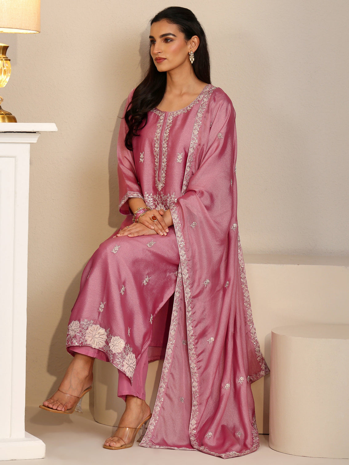 Mameraa Dusty Rose Pink Floral Embroidered Silk Blend Straight Suit Set