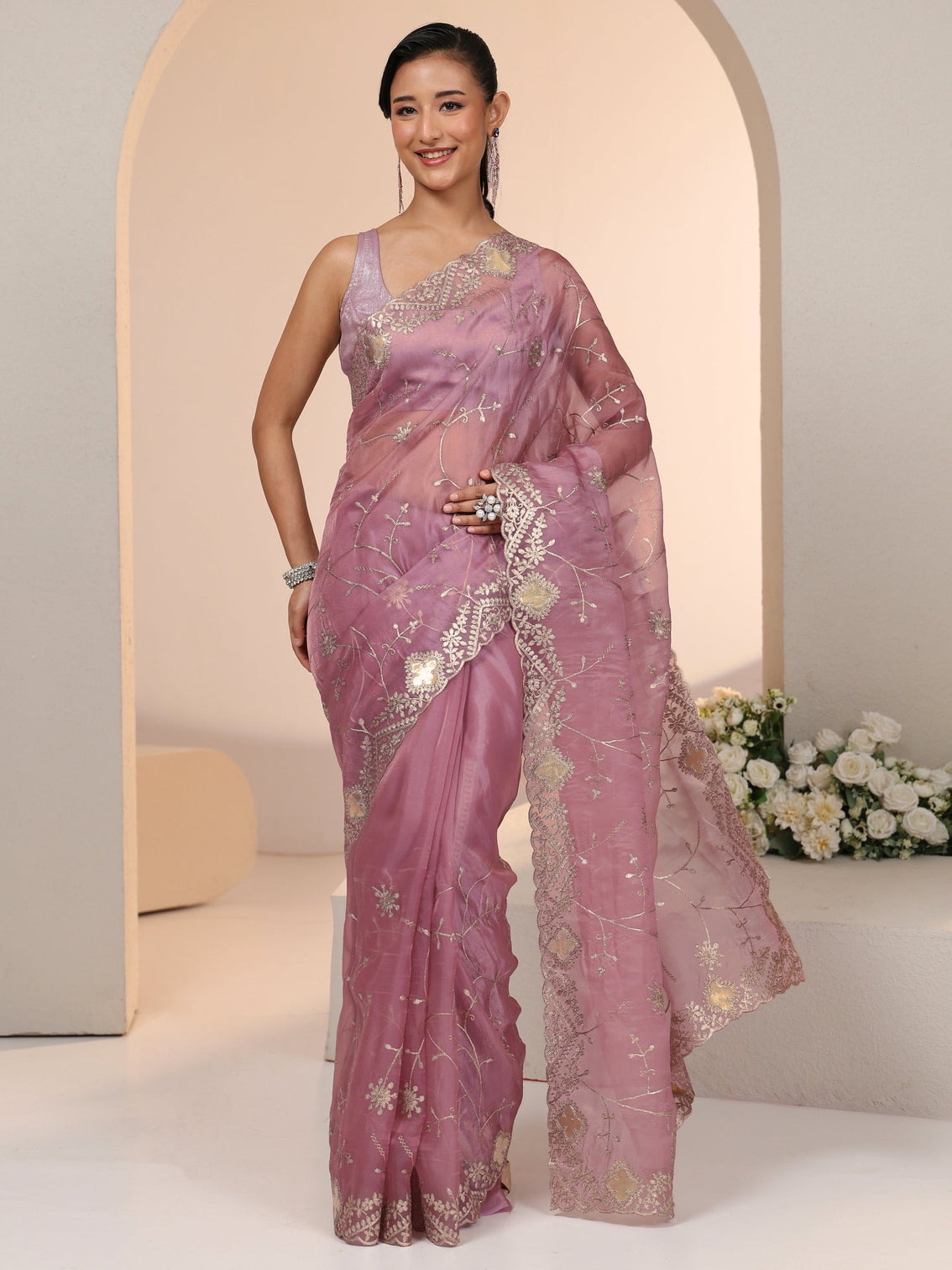 Mameraa Dusty Rose Pink Floral Embroidered Tissue Saree