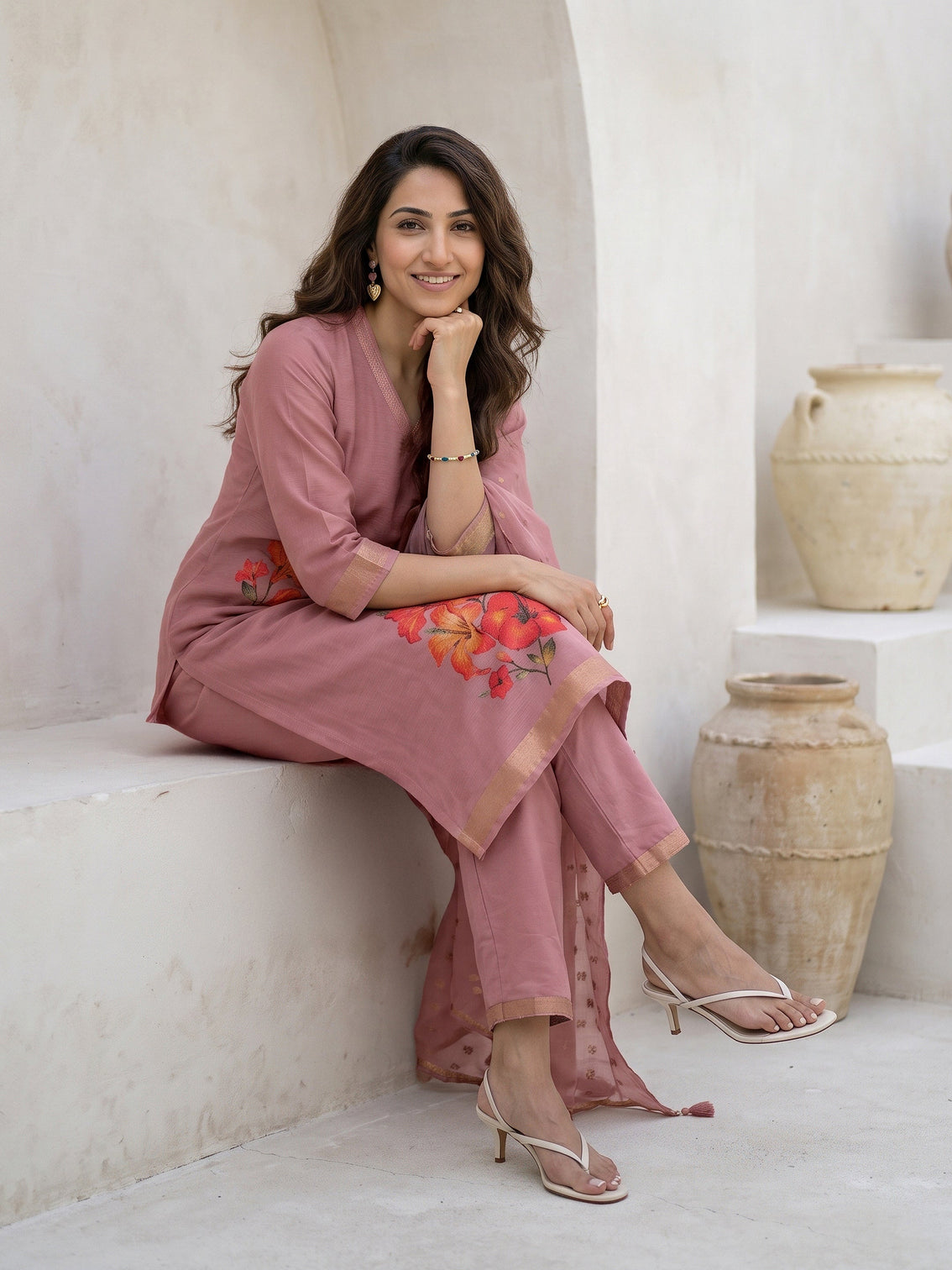 Mameraa Dusty Rose Pink Floral Printed Silk Blend Straight Suit Set