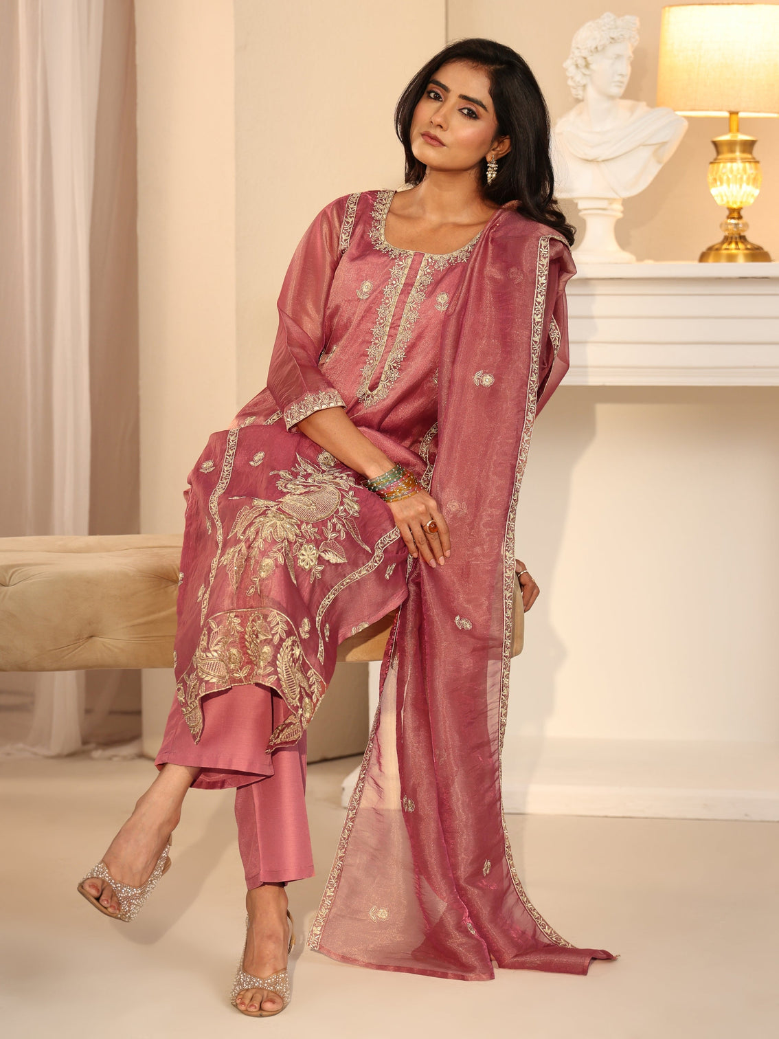 Mameraa Dusty Rose Pink Paisley Embroidered Tissue Straight Suit Set