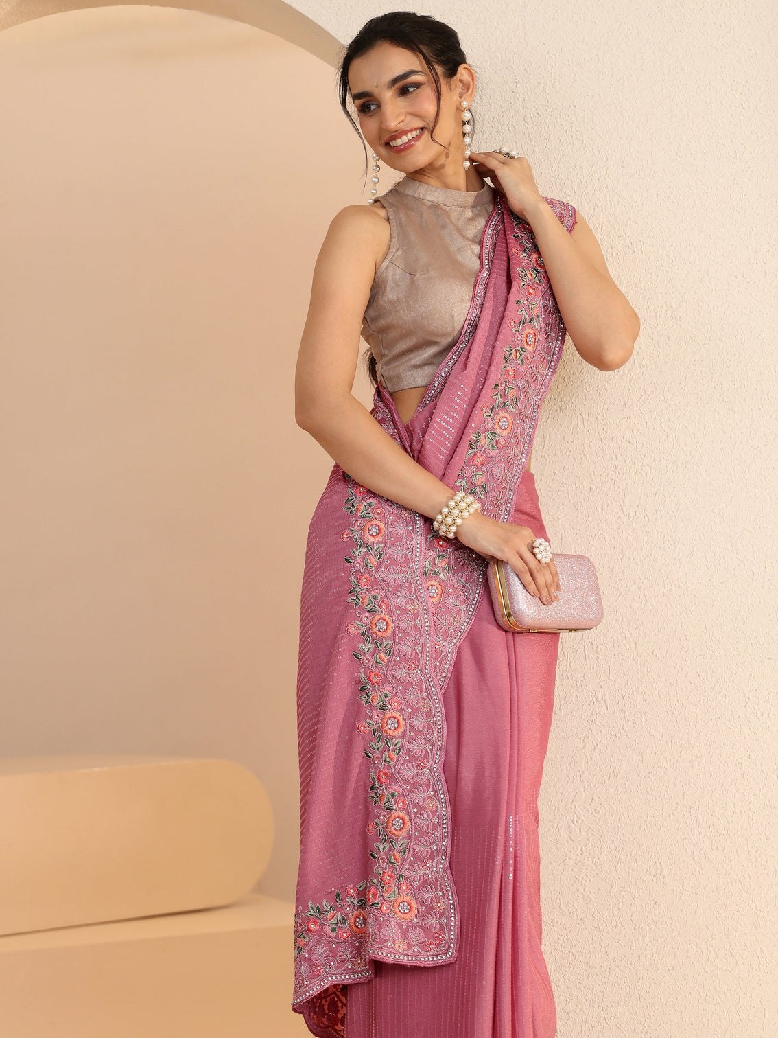 Mameraa Dusty Rose Pink Sequin Embellished Chiffon Saree with Floral Border