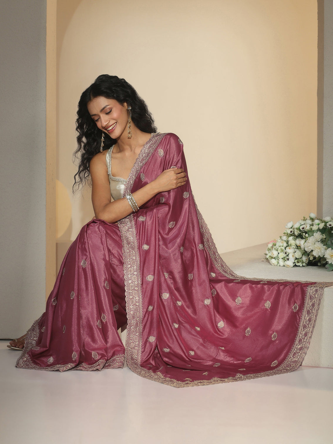 Mameraa Dusty Rose Pink Zari Embroidered Silk Blend Saree