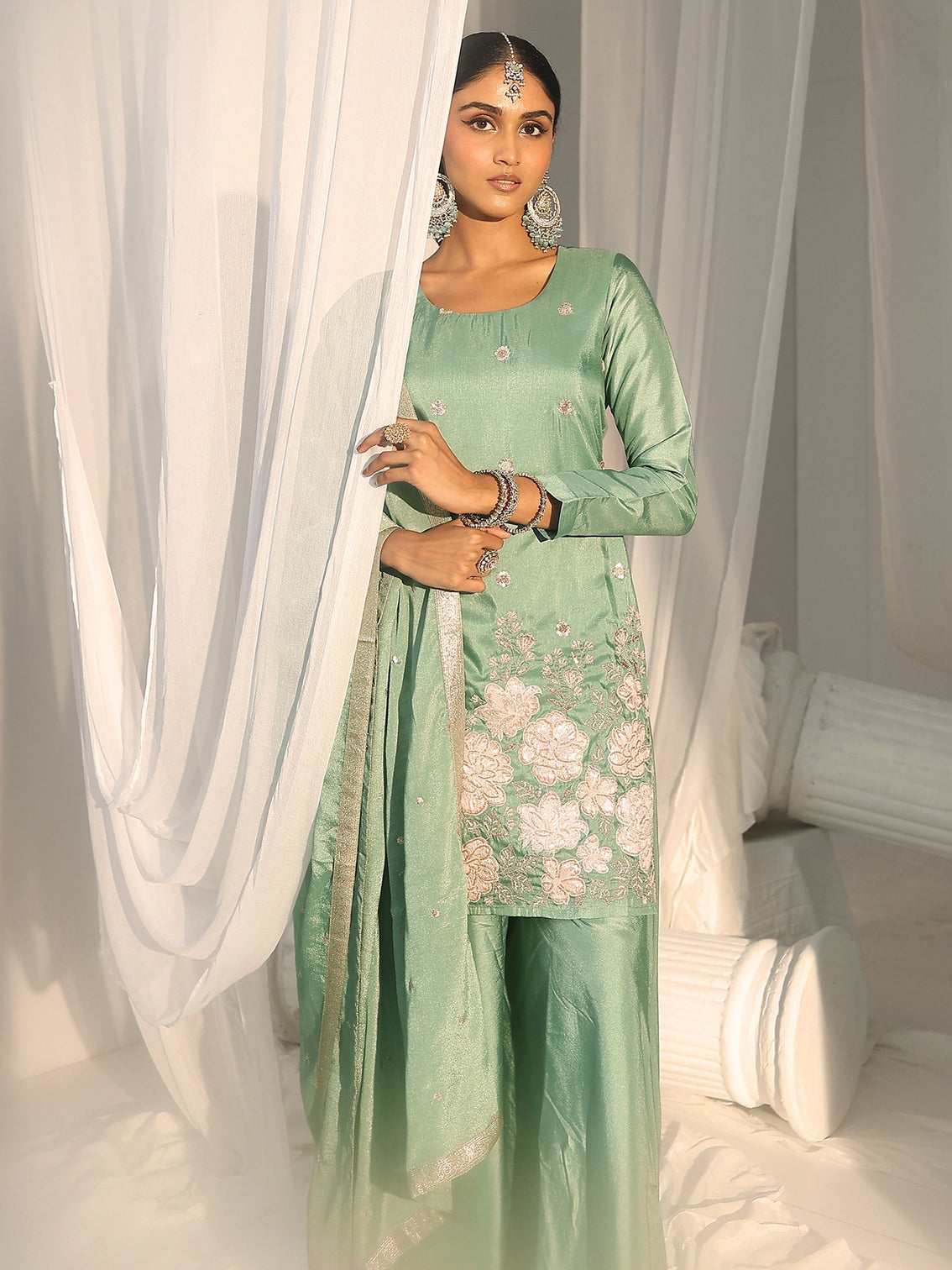 Mameraa Dusty Sea Green Floral Embellished Silk Blend Palazzo Suit Set