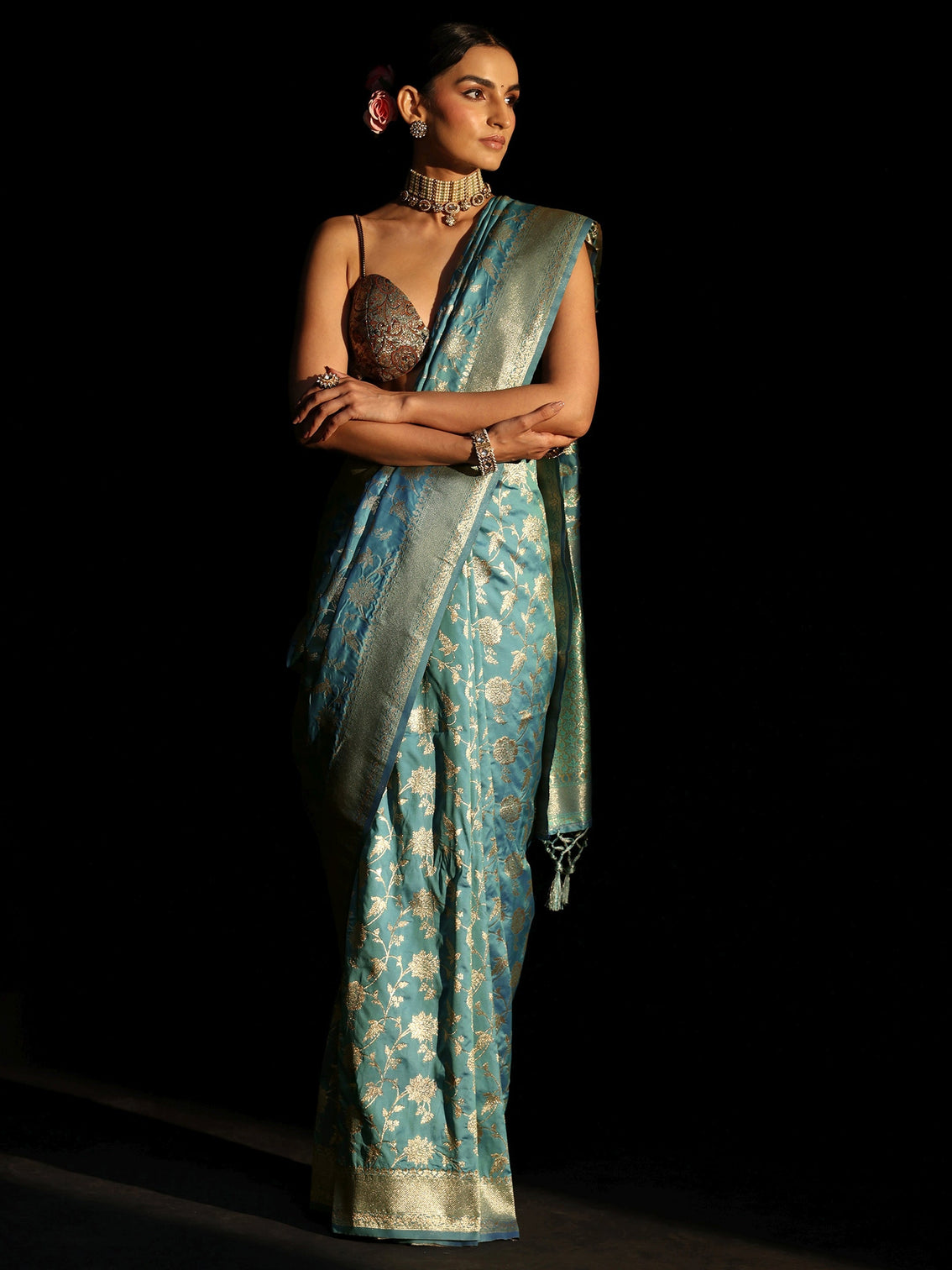 Mameraa Dusty Sky Blue Banarasi Silk Blend Saree
