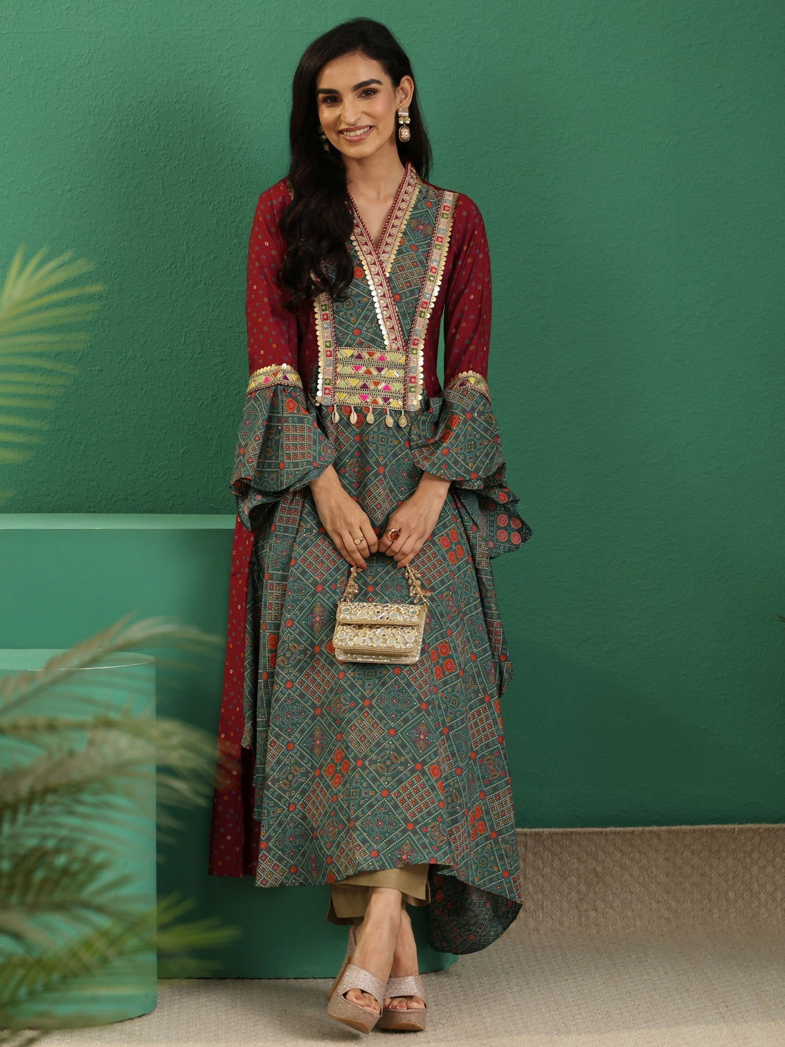 Mameraa Dusty Teal Blue Bandhani Silk Blend Cowl Style Kurta