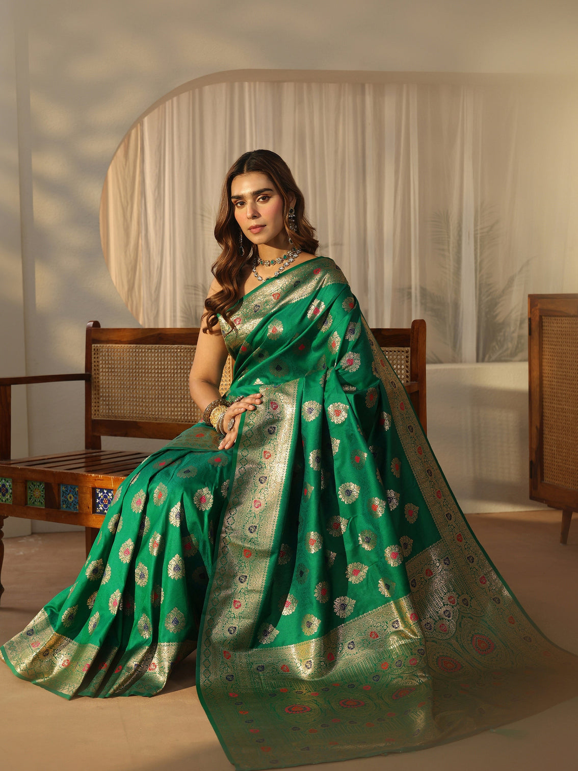 Mameraa Emerald Green Banarasi Silk Blend Saree
