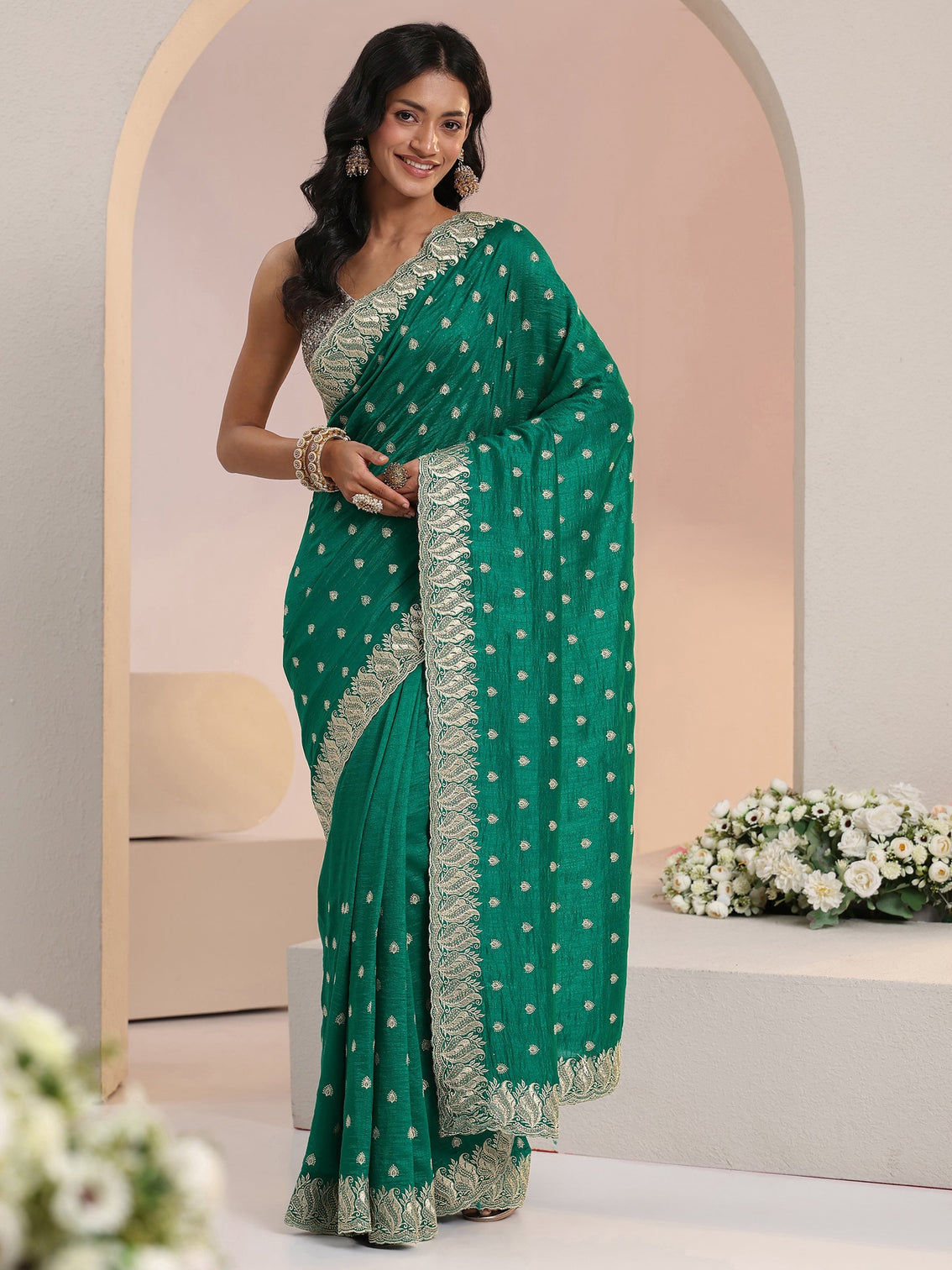 Mameraa Emerald Green Embroidered Silk Blend Saree